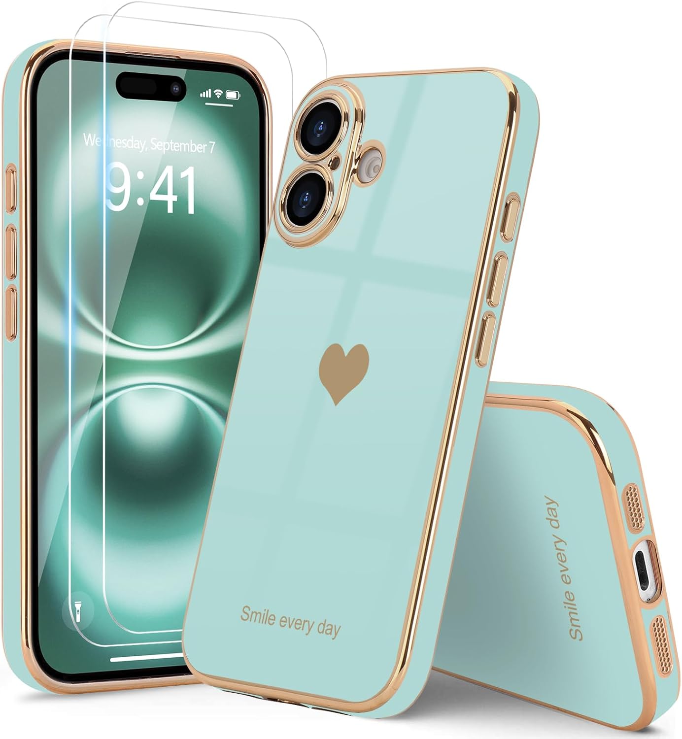 Teageo Compatible with iPhone 16 Case for Girl Women Cute, Pearl Aqua | Love-Heart Luxury Bling Plating Soft Back Cover Raised Camera Protection Bumper Silicone Shockproof Phone Case for iPhone 16