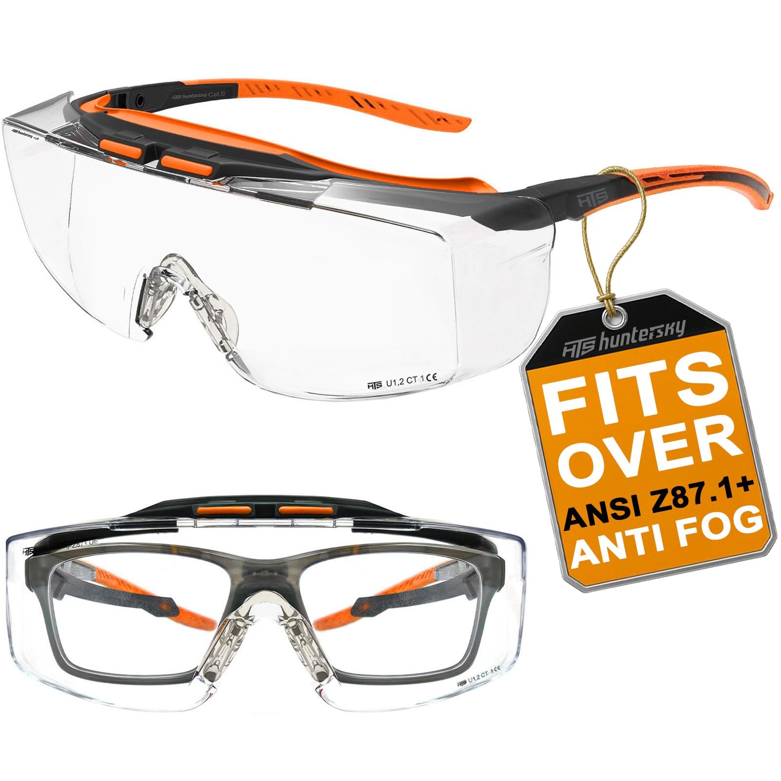 HTS HUNTERSKY Safety Glasses Over Glasses Over Specs Goggles Anti-Fog Impact Resistant Eye Protection ANSI Z87.1 for Work & Adults