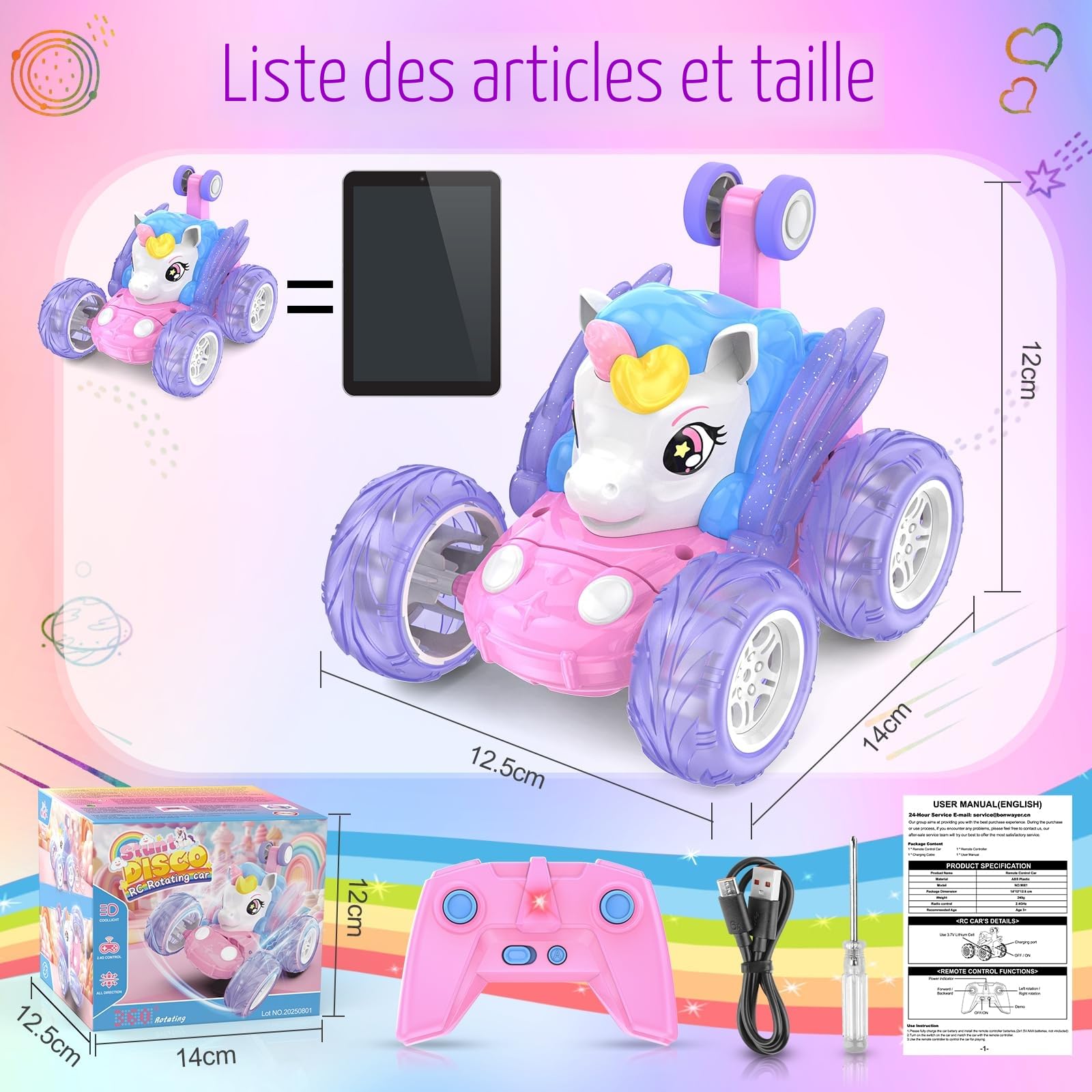 Voiture Télécommandée Fille Licorne Jouet Enfant 3 4 5 6 7 8 9 Ans Fille Voiture Cascadeuse Téléguidé 360° Rotation avec Ailes Brillantes Monster Truck Crawler Car Jeux Filles Cadeau Anniversaire Noël