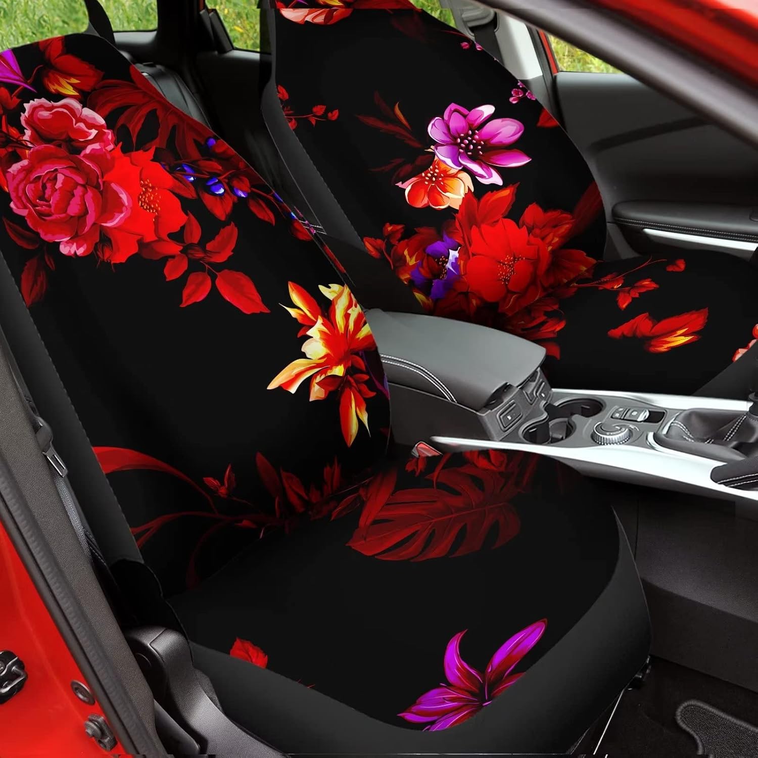 Howilath Car Seat Cover Universal Red Hibiscus Flowers Print Hippie Van Pattern Front Seats Covers 2 Sets