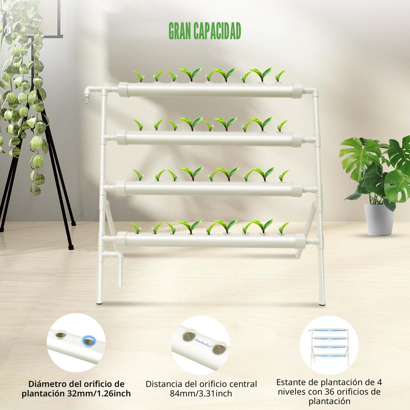 Sistema hidropónico, kit de cultivo hidropónico, 4 niveles con 36 agujeros, sistemas de cultivo de plantas sin tierra, para jardín, oficina y otros lugares interiores y exteriores