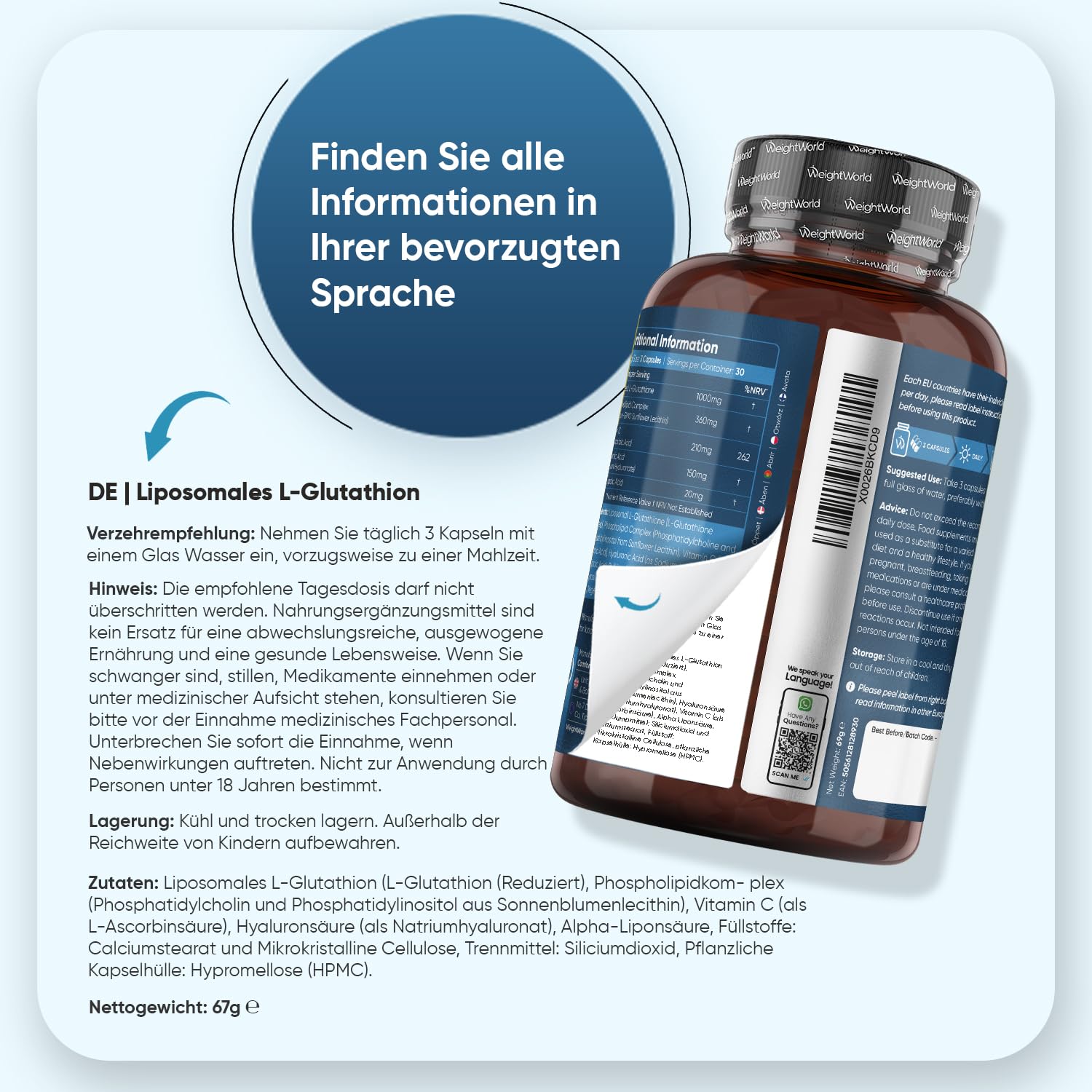 Liposomal L Glutathione Complex (Reduced) - 1000 mg Glutathione per Serving  - With Vitamin C, Hyaluron, Phospholipid Complex & Alpha Lipoic Acid (ALA)  - 90 Capsules - 1 Month Supply