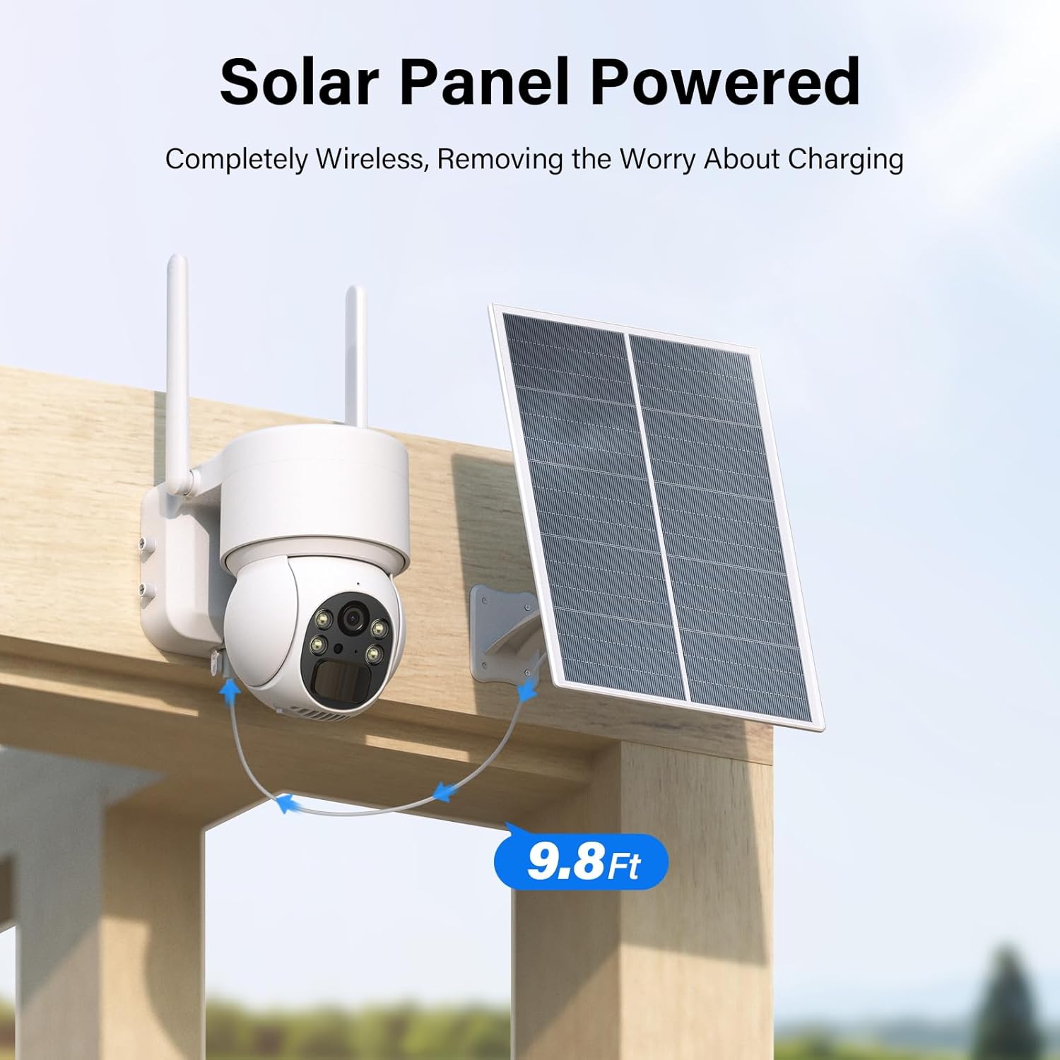 SEHMUA security camera connected to its solar panel with a 9.8ft cable, mounted on a wooden structure.