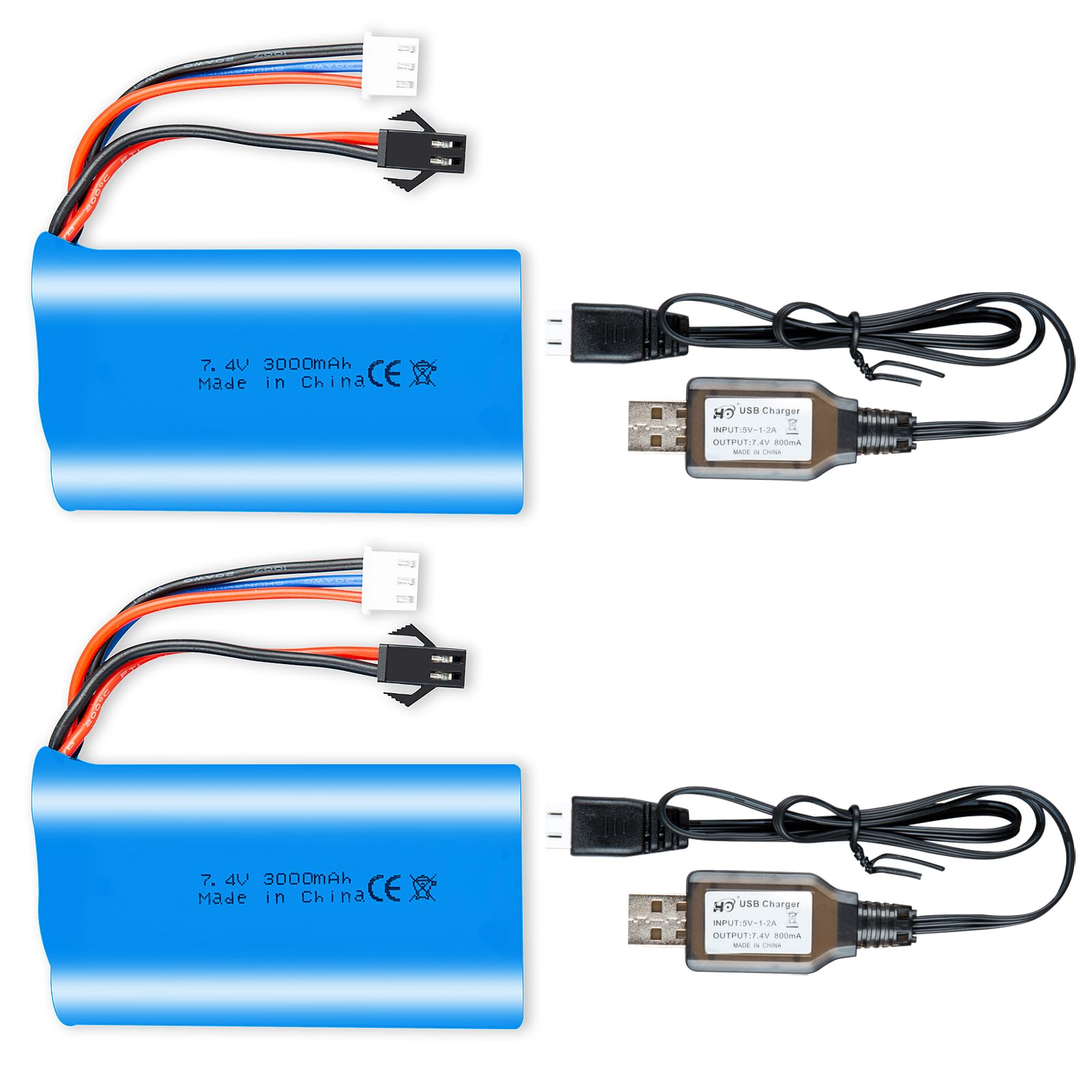 2PCS 7.4V 3000mAh 15C 2S with SM-2P Connection High Performance Batteries with 2 USB Chargers for RC Cars, RC Trucks and RC Boats
