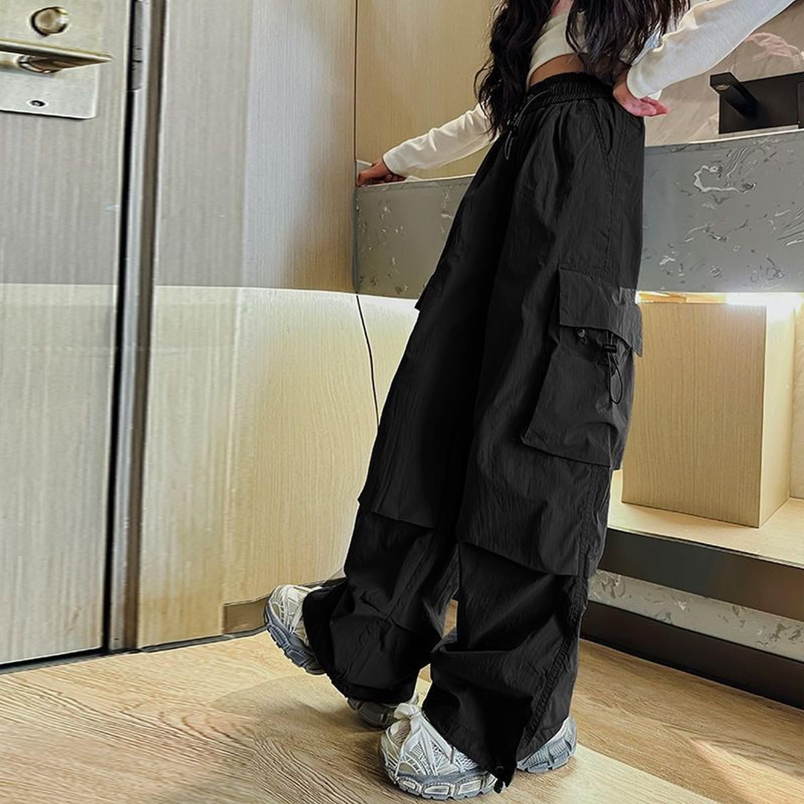 Pantalones cargo plisados para niñas, cintura elástica, rectos, holgados, de pierna ancha, pantalones deportivos para adolescentes