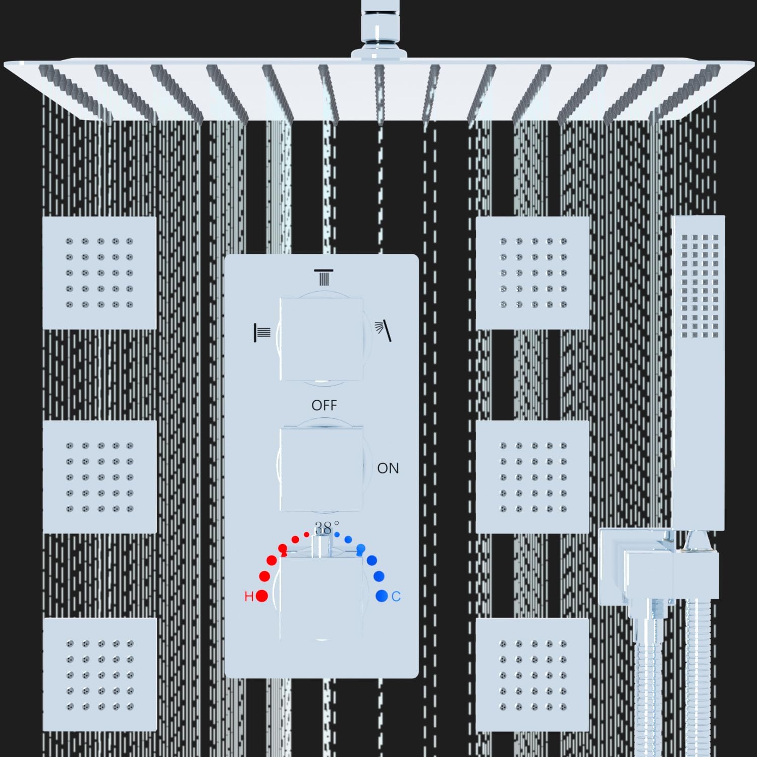 Enga Rain Shower System with Jets 16 inch Ceiling Rainfall Head and Handheld Spray Full Body Combo, Thermostatic Valve Faucet Sets Complete for Bathroom, Chrome Three-Function Chrome