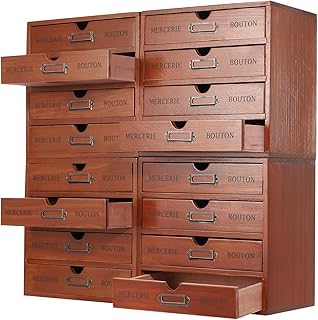 16-Drawer Vintage Countertop Organizer Drawers Stackable 4-Drawer Mini Filing Cabinets for Desktop 16-Slot Wooden Filing Cabinet w/Label Holders, Multi Level Countertop Drawer Organizer