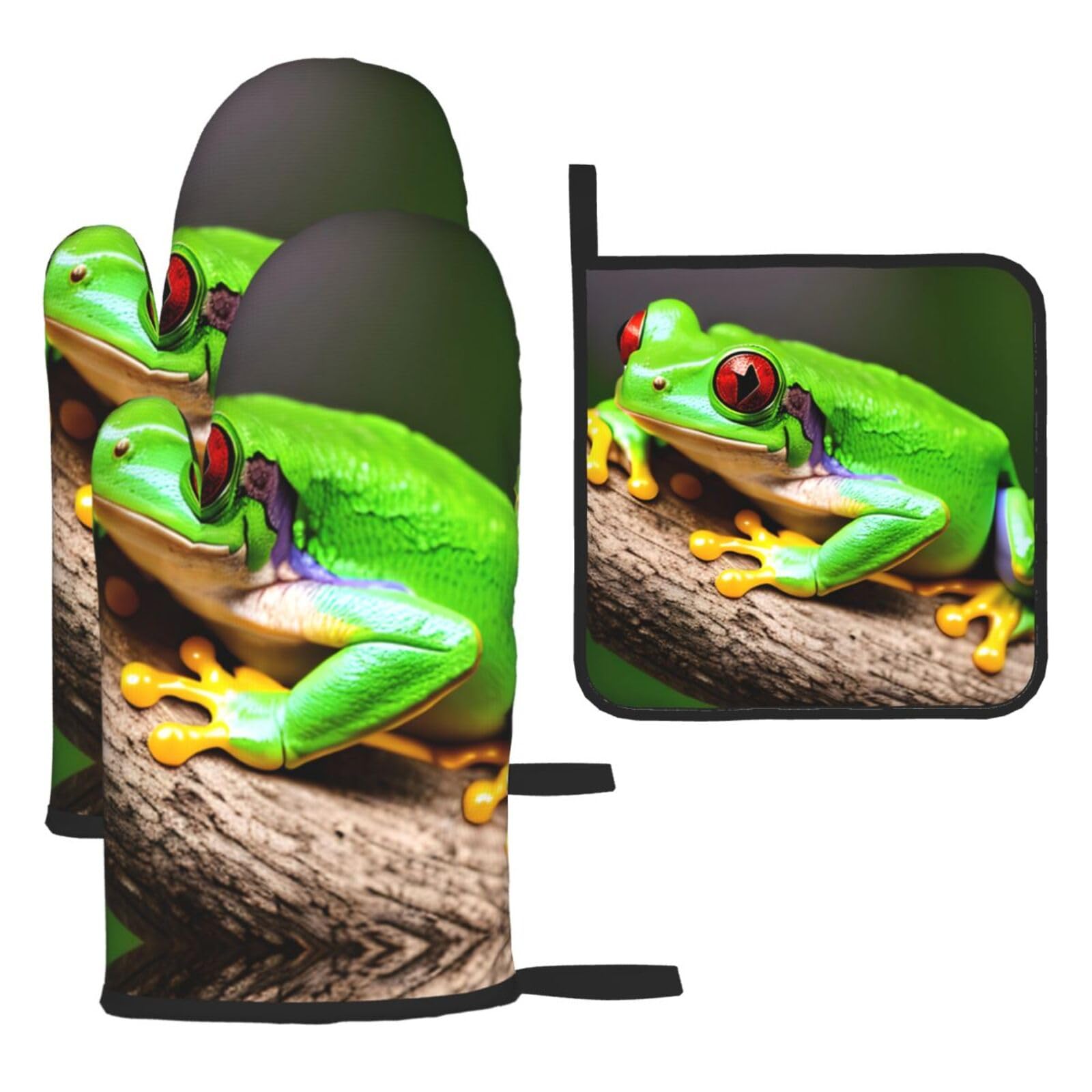 Cute Red Eyes Tree Frogs Print Oven Mitts and Pot Holders,Non-Slip Pot Holders for Kitchen,Thick Potholders for Baking Grilling