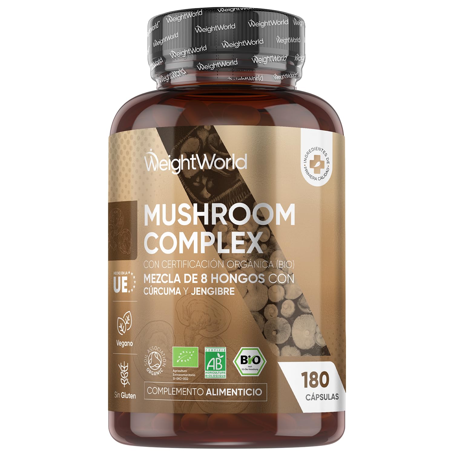 Hongos Complex Bio, 180 Cápsulas de 8 Setas y Hongos como Melena de León, Reishi, Shiitake, Maitake, Chaga y Cordyceps - Mushroom Complex Bio Enriquecido con Jengibre y Cúrcuma para 3 Meses
