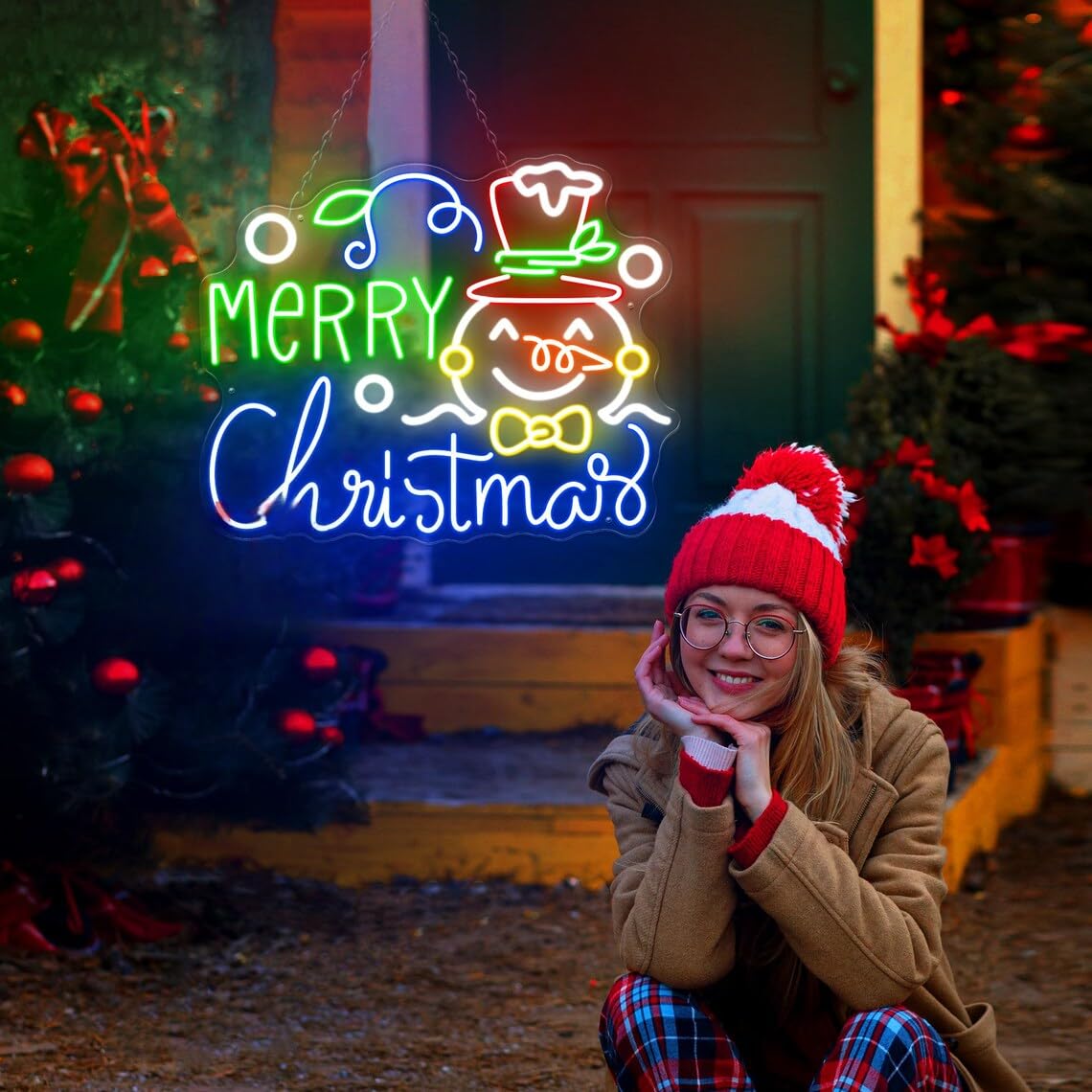 Merry Christmas Snowman Neon Sign, Christmas Tree Decor