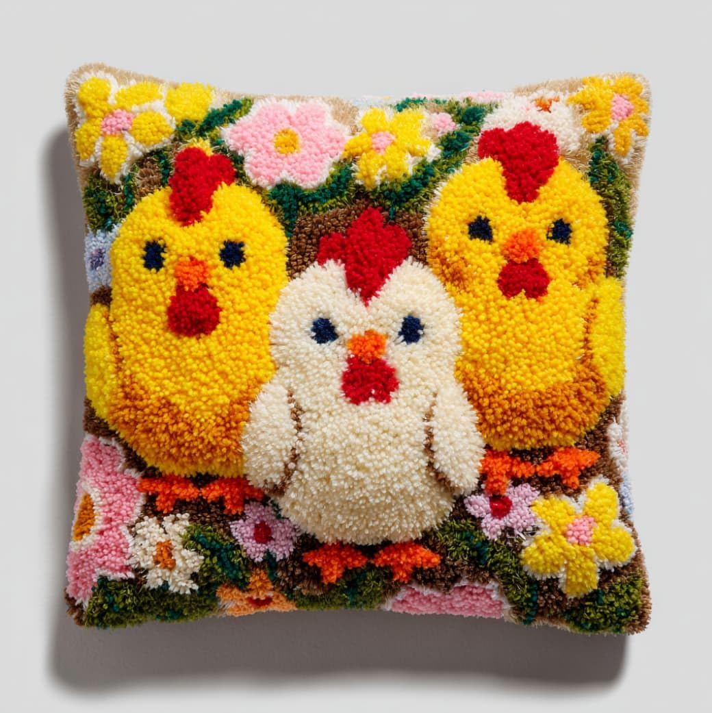 AxiangziK Latch Hook Cushion Kit 17x17 Inch,Rooster and Chicks