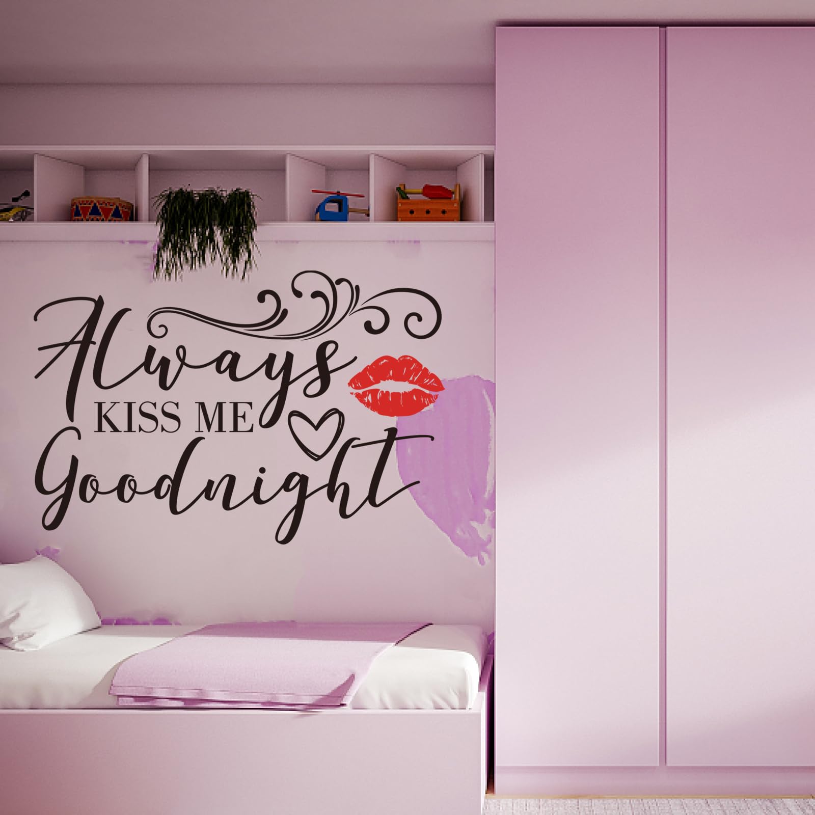 PLIGREAT 2 Sheets Romantic Red Lip Wall Sticker Always Kiss Me Goodnight Quotes Wall Decals Love Art Letters Removable Stickers for Bedroom Living Room Bathroom Decor Couples Home DIY Indoor Art Decor - Image 4