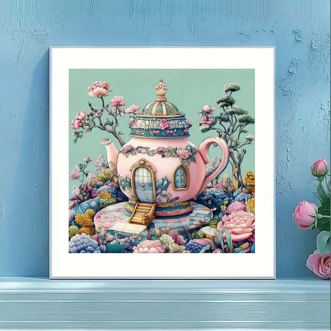 Teapot Castle Diamond Art Kits for Adults,5D Diamond Painting Kits for Beginner,DIY Full Round Drill Flower Diamond Dot Gem Painting With Dot Art Craft Kits for Home Wall Decor 13.79 x 13.79inch - 4