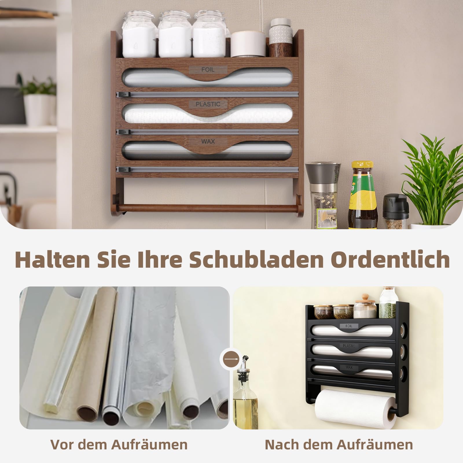 Dispenser per Pellicola Trasparente 4 in 1 con Portarotolo da Cucina,Organizer da Parete per Fogli di Alluminio,Pellicola di Plastica e Carta Oleata,Contenitore Multiuso con Rotolo-Braun