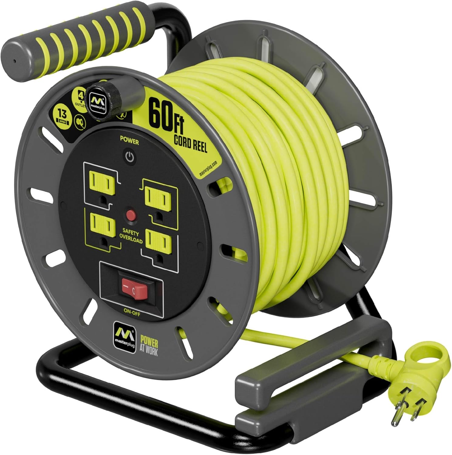 Masterplug 60ft Cord Reel with bright yellow cable and four outlets