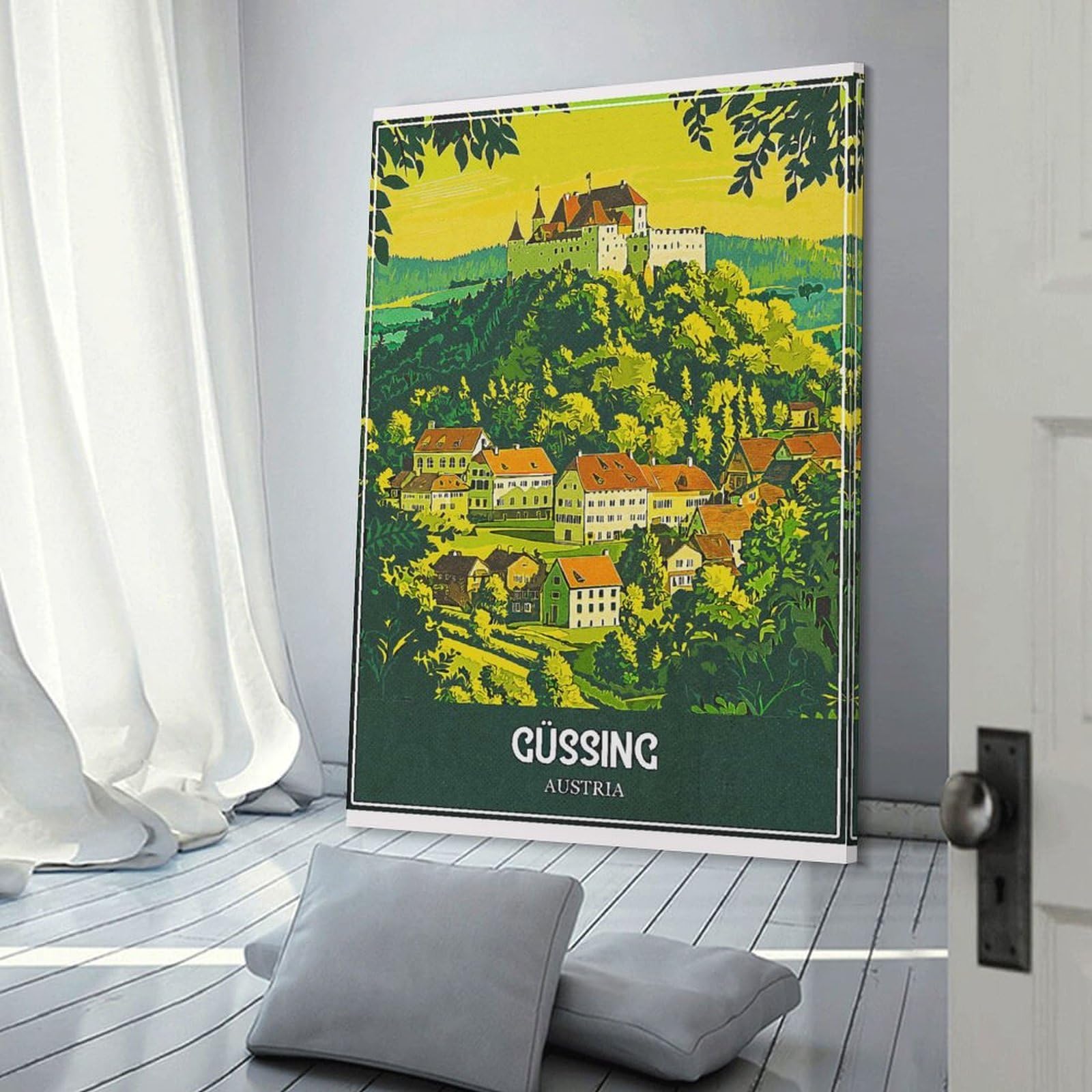 Junmoney Room Decor Wall Art Güssing Austria Vintage Travel, 24x36inch(60x90cm), for Entrance Spaces, Stair Walls Or Halls, Home Artwork for First Impressions