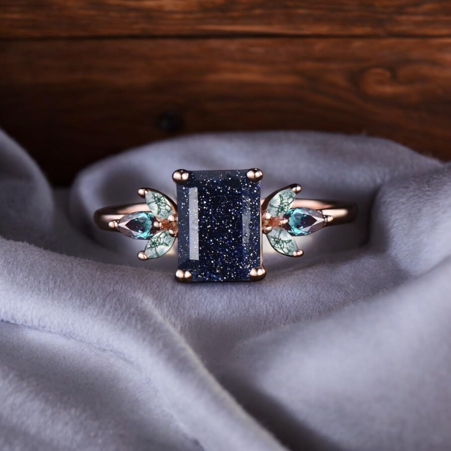 Elegant Galaxy Healing Oval Blue Sandstone Engagement Ring Moss Agate Wedding Ring Vintage 14k Rose Gold June Birthstone Alexandrite Jewleyr By Luxegemsjewel