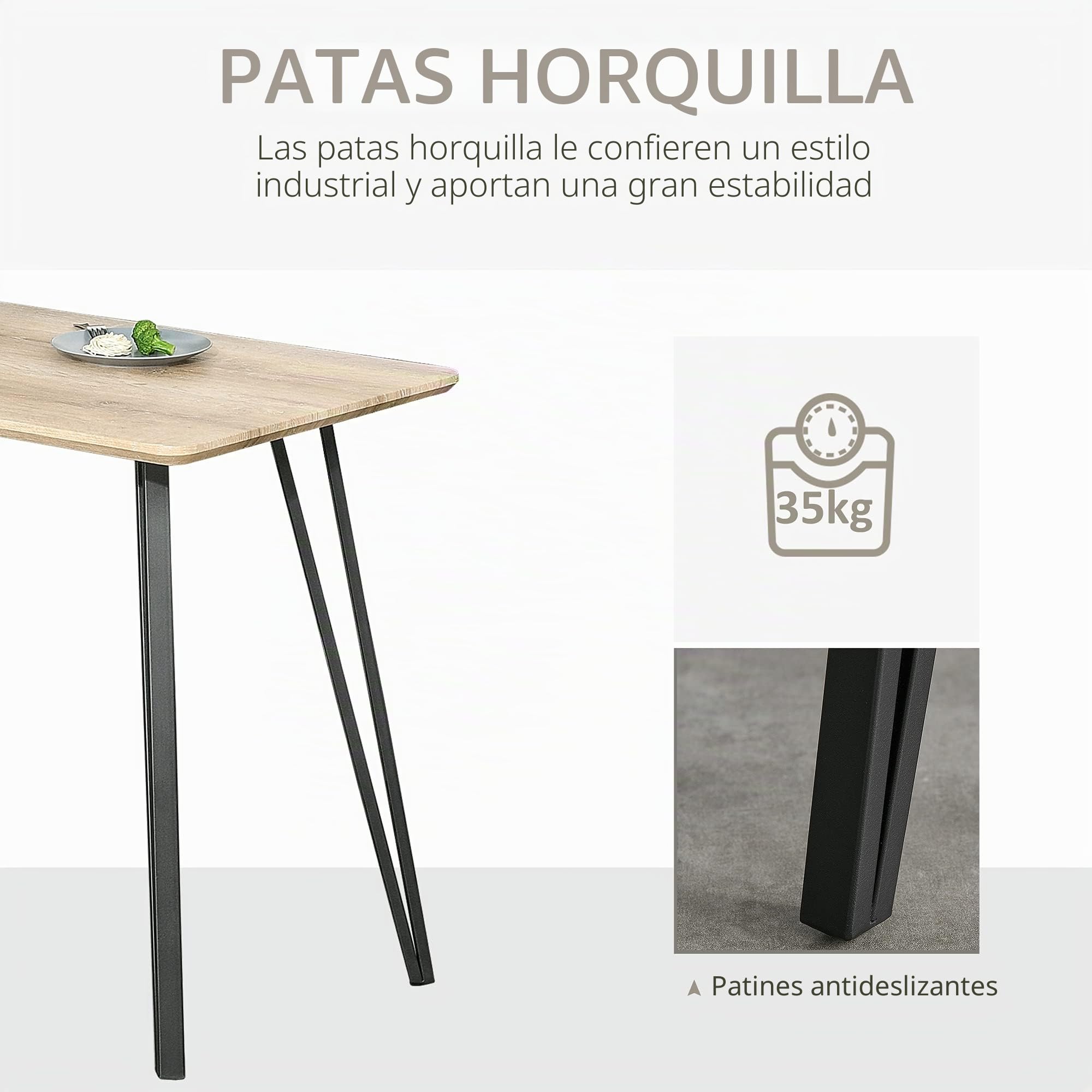 HOMCOM Mesa de Comedor Tablero Grande, 120x60x75 cm, Negra, Roble Claro | Diseño industrial, patas de metal tipo horquilla, MDF.