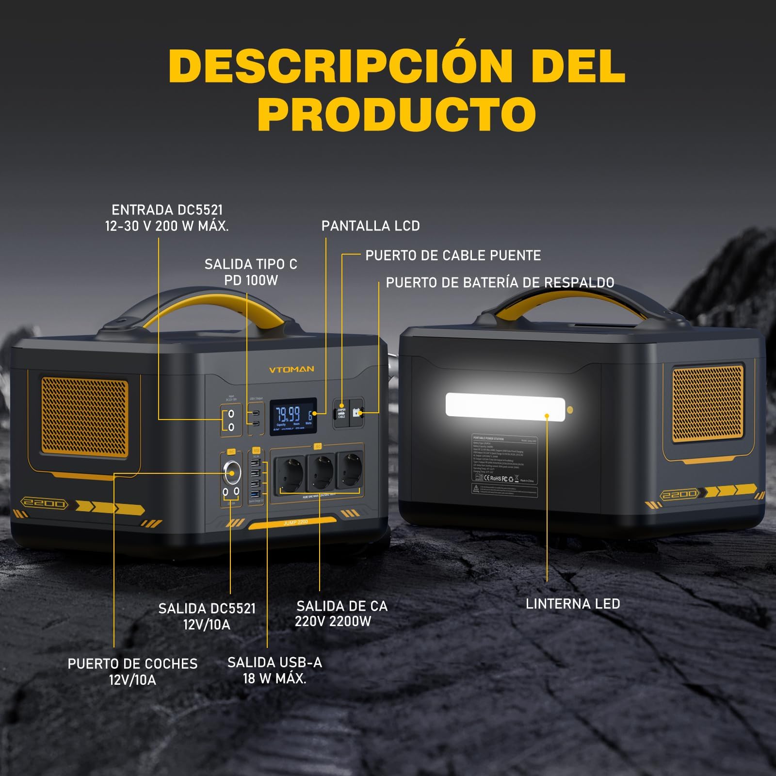 VTOMAN Jump 2200 Estación de Energía Portátil, 2200W 1548Wh Generador Solar con LFP Batería, 3 Salidas CC de y 3 CA de 2200W (Pico 4400W), Capacidad Ampliable a 3096Wh para Acampadas y Emergencias