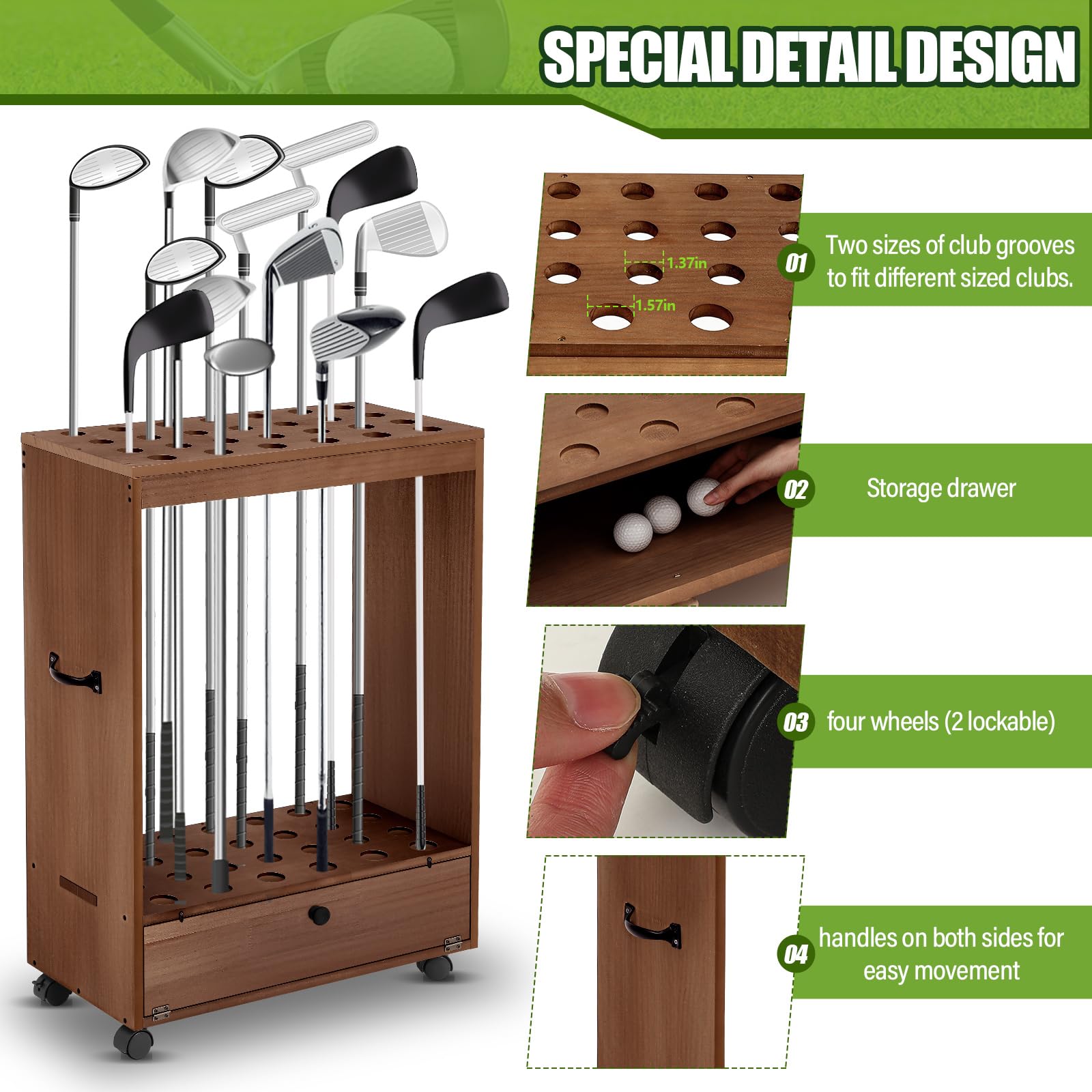 Silipull Golfschlägerständer mit 27 Löchern, Holz, für Golfschläger mit Schublade und Rad für den Innenbereich, Zuhause, Büro, Simulator, Garage
