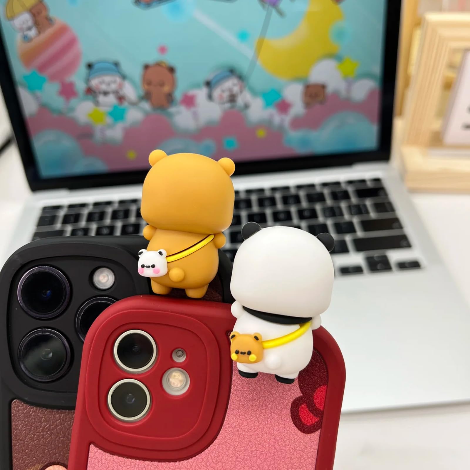 2 PCS Bubu and Dudu Bears Computer Decorations, Cute Cartoon Statue Bear Figurine for Notebook Cell Phone Office Desk Car Dashboard Decor White+brown 2pcs
