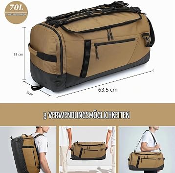 Travel Bag Men's Large 70L Sports Bag Backpack with Shoe Compartment Waterproof Gym Bag Weekender Travel Hand Luggage Women for Travel Sports Fitness Brown