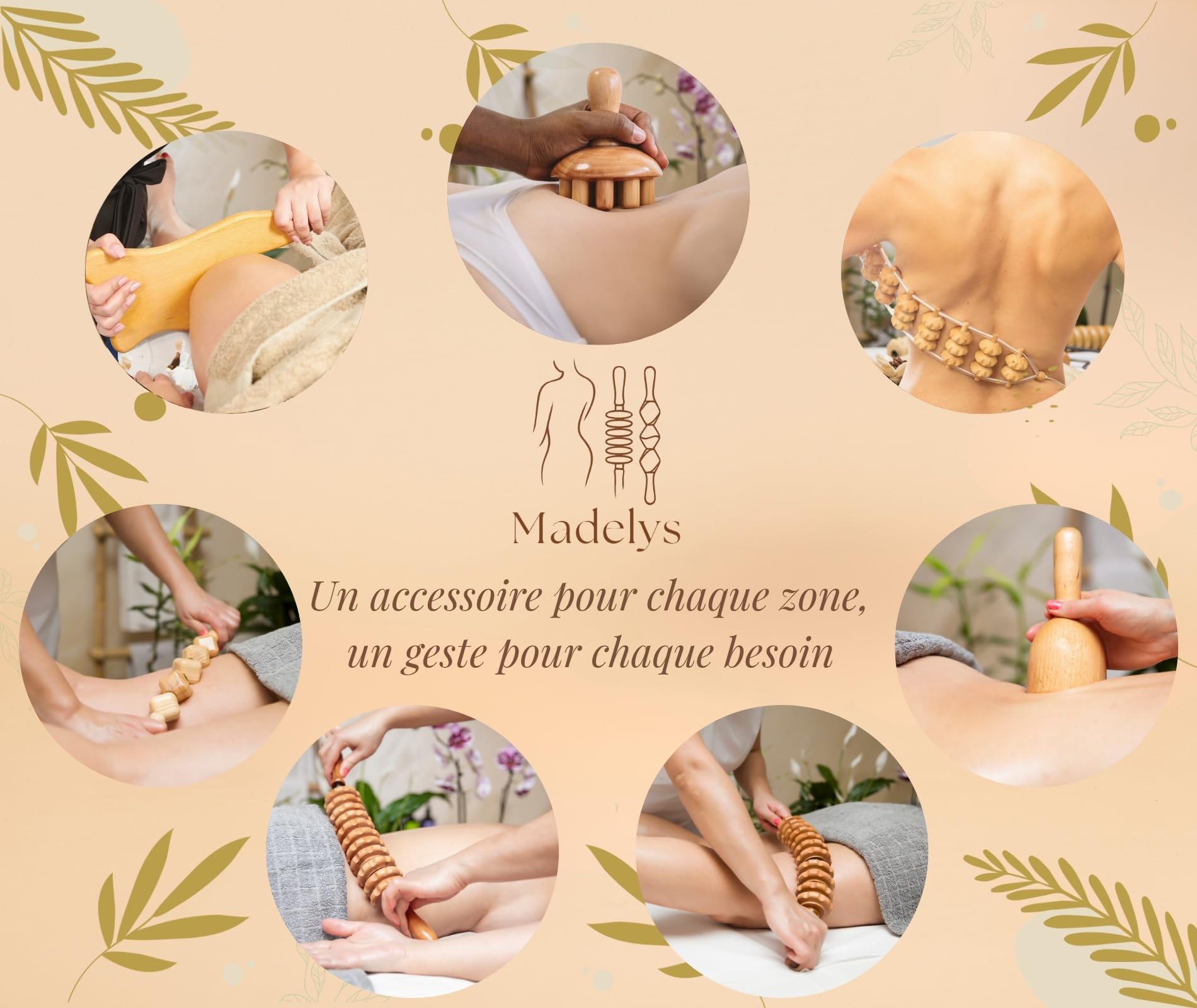 Kit Maderotherapie Complet Corps Cellulite – Outils de Massage en Bois de Hêtre Certifié FSC | Anti-Cellulite, Drainage Lymphatique, Ventre Plat | Wood Therapy Premium MADELYS®