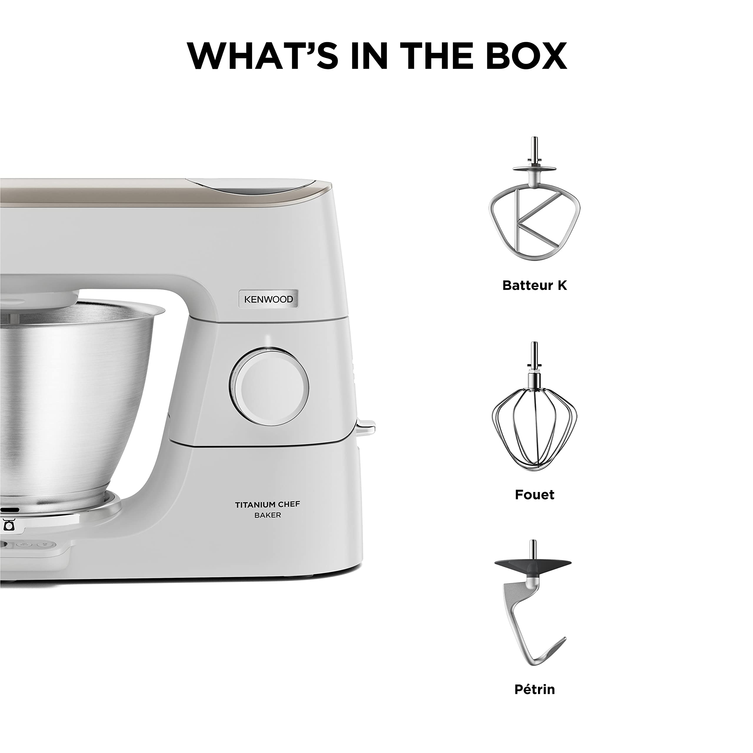 Kenwood Titanium Chef Baker KVC65.001WH, Robot Patissier Avec Balance Intégrée, Incl. Ensemble Pâtisserie 3 Pièces, Spatule & Protection Éclaboussures, 1200W, Blanc