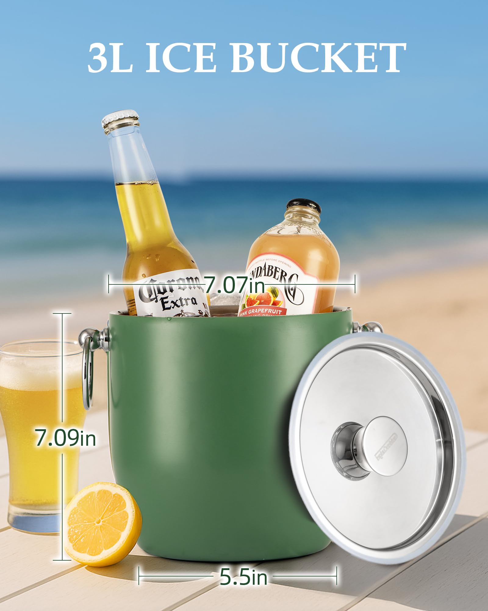 Seau à glace isotherme à double paroi en acier inoxydable de 3 L avec pince, couvercle, cuillère et passoire, seau à glace pour fêtes, bars à cocktails, bière rafraîchissante, champagne