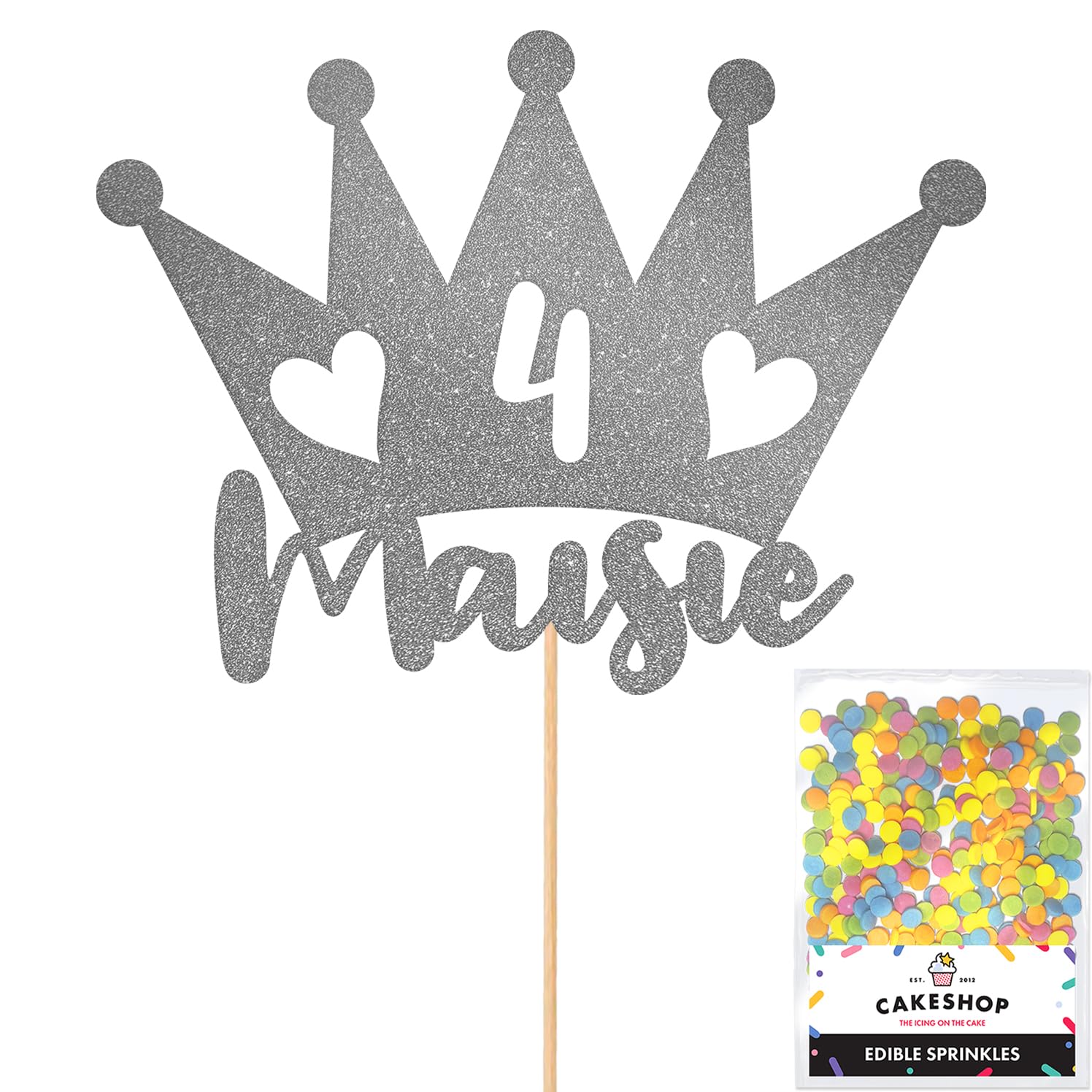 Personalised Princess Crown Glitter Cake Topper Dk Silver Any Custom Age & Name Glitter Cake Decoration and Sprinkles - Happy Birthday Decorations - Personalised Toppers for Cakes by Cakeshop — image 1