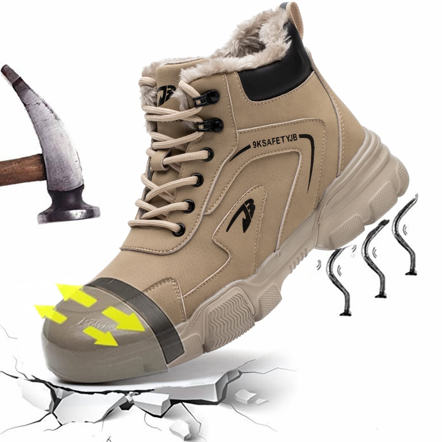 Zimowe buty ochronne Wodoodporne buty robocze dla mężczyzn i kobiet Lekkie antypoślizgowe buty ochronne z ciepłą podszewką stalowe palce, Brązowy brązowy, 37 EU