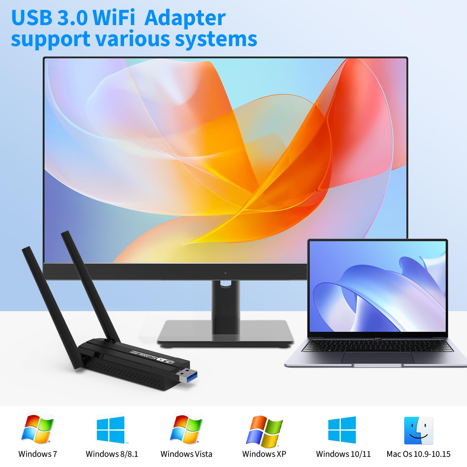 Clé USB WLAN pour PC - Clé Internet 1300 Mbps USB 3.0 double bande 2,4 GHz/5,8 GHz Adaptateur Wi-Fi PC avec 2 antennes 5dBi PC/ordinateur portable, compatible avec Windows 11/10/8/7/Vista/XP, Mac OS