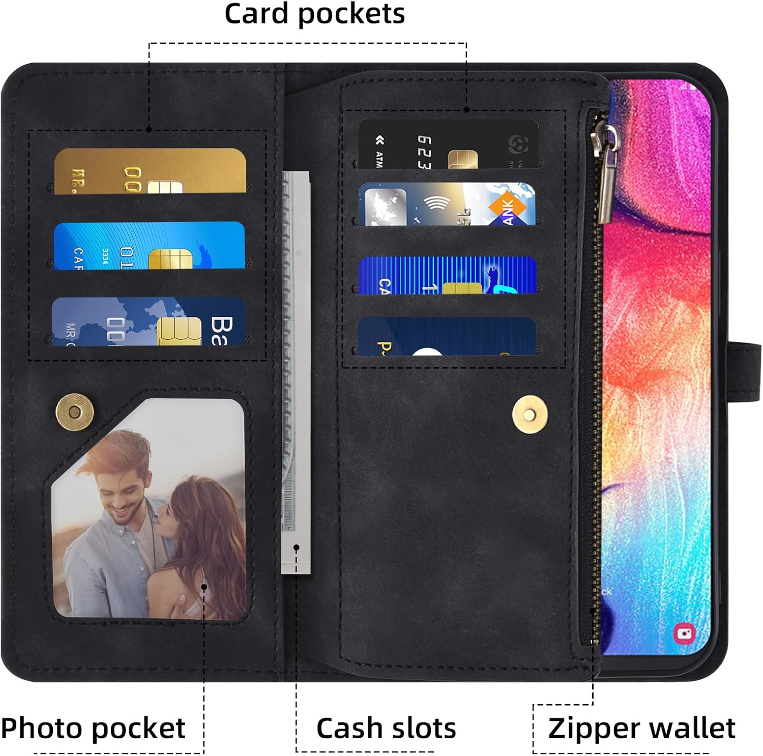 Phone Case for Samsung Galaxy A50 A50S A30S Wallet Cover With Screen Protector and Crossbody Wrist Strap Leather Flip Pattern Zipper Credit Card Holder Stand Cell A 50 50S 30S S50 50A SM A505G Black
