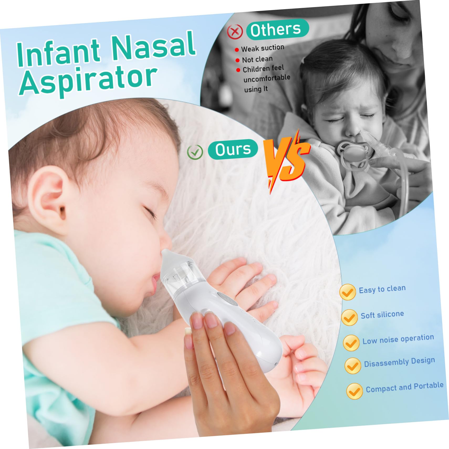 Aspiratore Nasale Elettrico Per Neonati Con Punta in Silicone Flessibile Silenzioso E Ricaricabile Usb Pulizia Delicata Per Bambini Piccoli E Uso Notturno