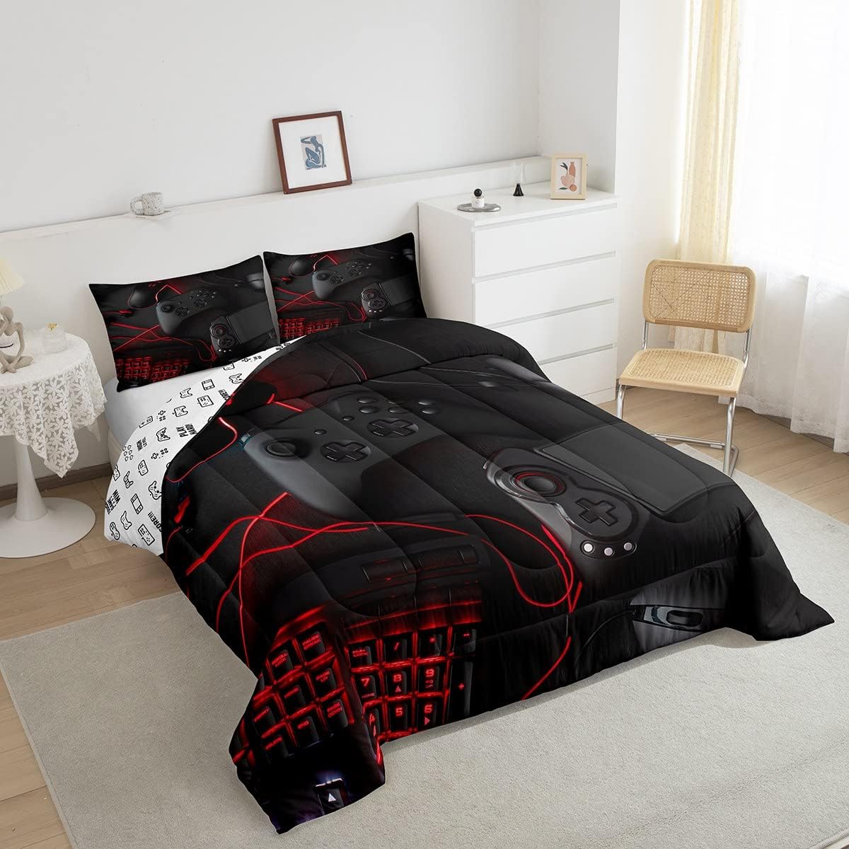 Feelyou Gamer Comforter Set for Boys Teens Kids Game Headphones Keyboard Mouse Gamepad Duvet Cover Full Size Black Red Gaming Bedding Set Game Peripherals Decor Quilted Duvet Set with 2 Pillow Shams