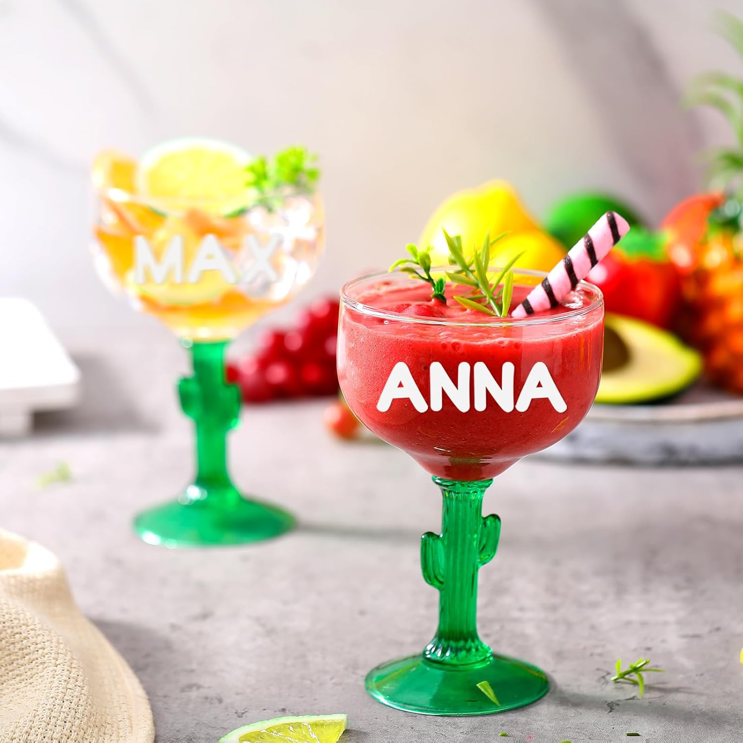 Honeydak 4 Set Cactus Margarita Glasses with Letters Stickers Christmas Party Gift 16 oz Green Stemmed Cocktail Glasses Goblet Reusable Drinkware for DIY Name Plant Outdoor Camping Party Decor - Image 7