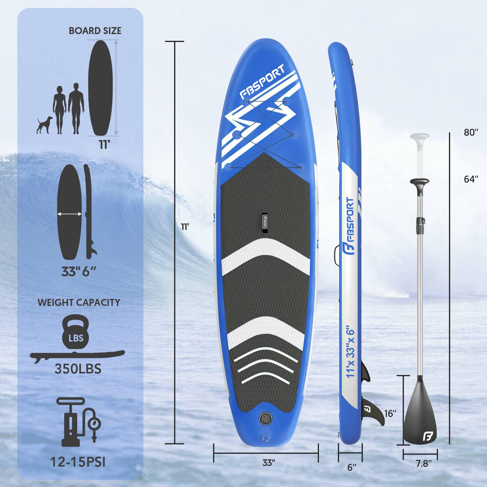 FBSPORT Tavola da SUP Gonfiabile SUP, Stand Up Paddling Board, Stand Up Paddle Board Gonfiabile per Stand Up Paddling 15CM Spessore, Surf con Alluminio Regolabile SUP Paddle + Pompa