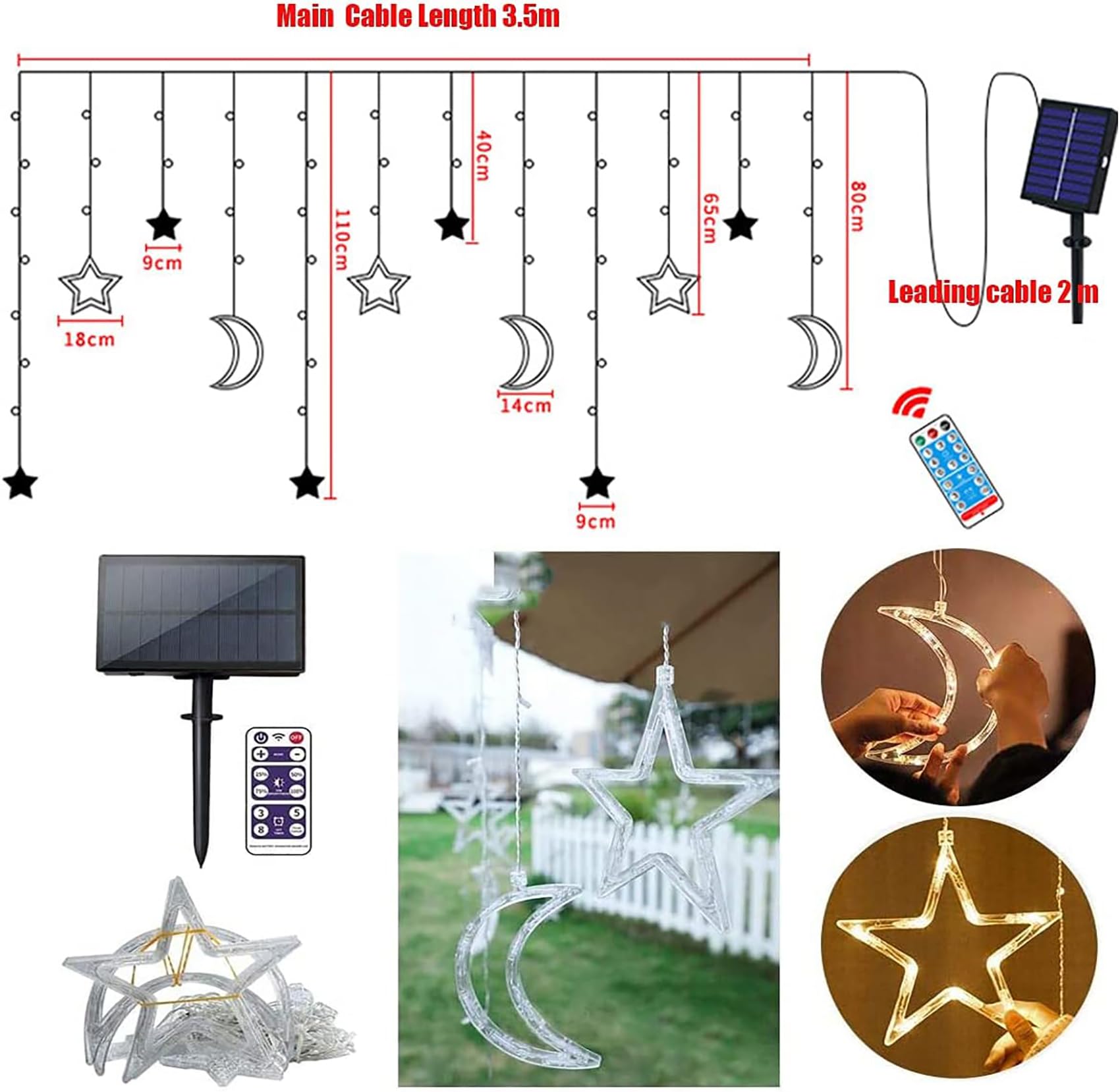 Solar Lichterketten Vorhang Aussen 138 LEDs Wasserdicht Sterne Mond LED Lichterkette mit Fernbedienung 8 Modi Lichtervorhang für Garten Pavillon Weihnachten Hochzeit Party (Warmweiß)