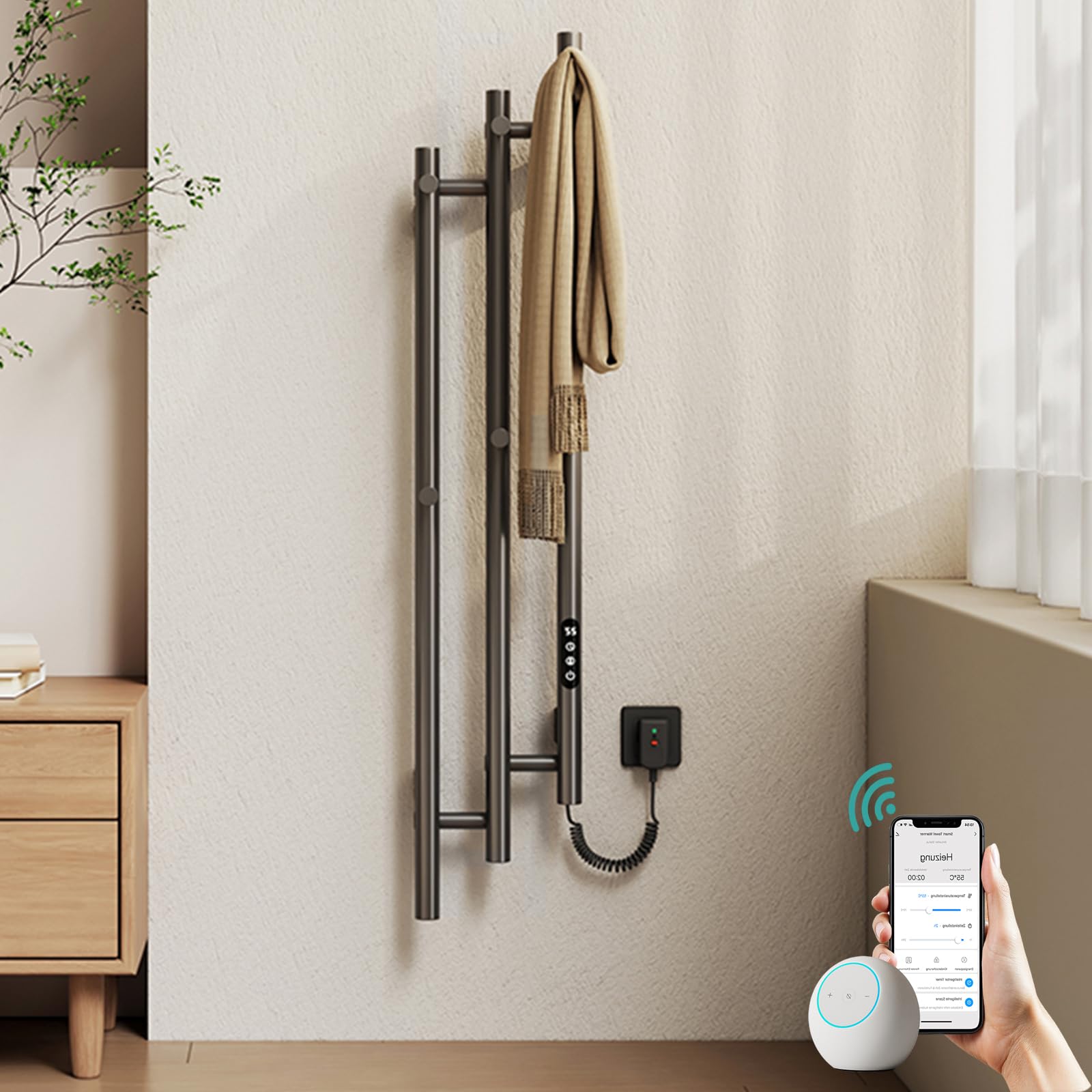 EMKE Elektrischer Handtuchheizkörper 1150 x 216 mm, Design-Handtuchwärmer mit WiFi-App-Steuerung, Badheizkörper mit 6 Haken, 220 W, IP45, Grau