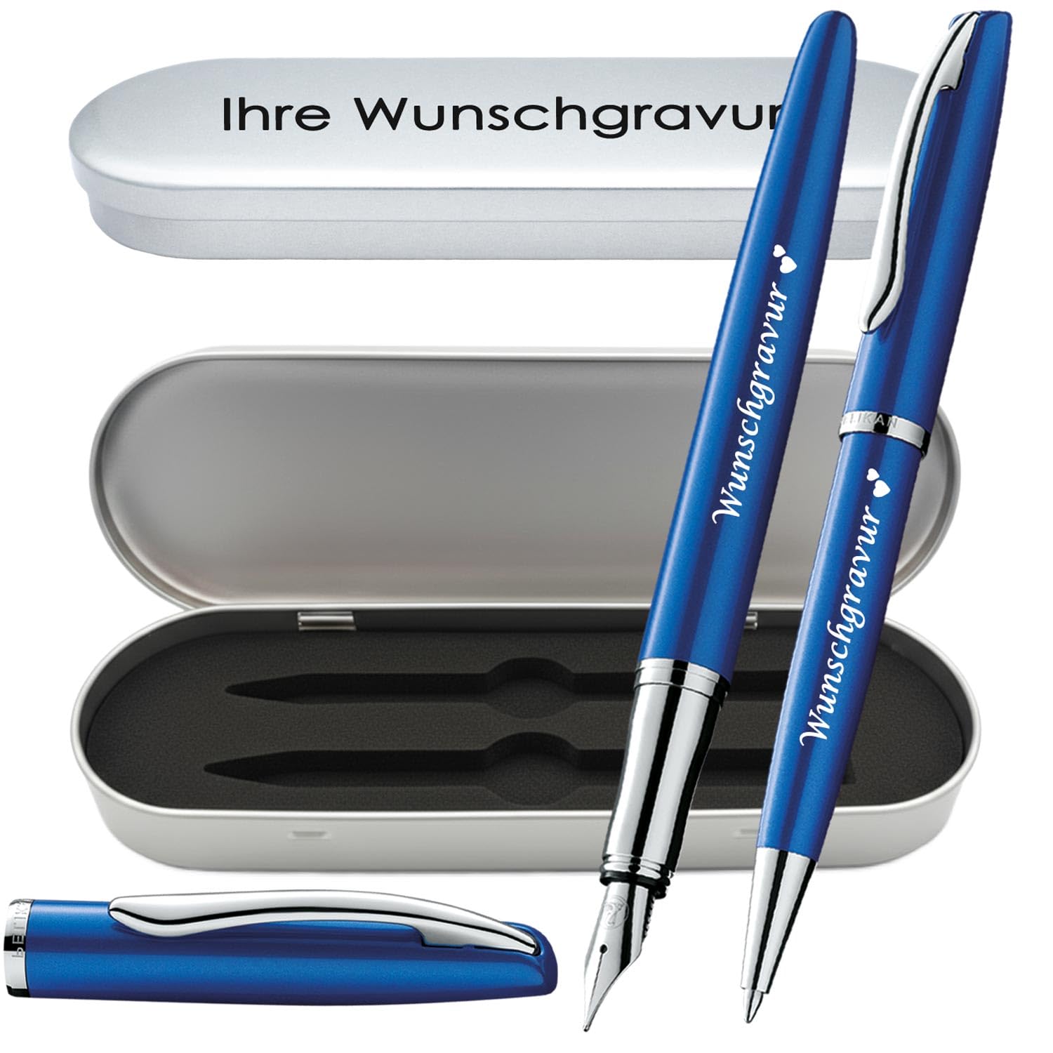 Pelikan Füller & Kugelschreiber Jazz® Noble Elegance im Set mit Wunschgravur | inkl. Geschenkeuti | Emoji Gravur | Saphire Blau Schreibset mit Gravur PS201