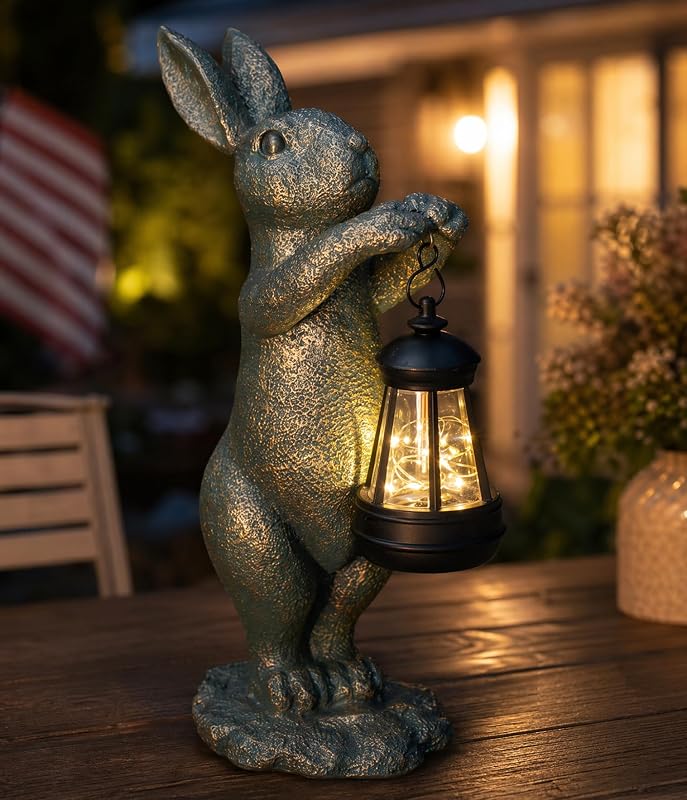 Garden Statue Rabbit with Solar Lantern - Outdoor Bunny Figurine Decor with LED Lights, Weather-Resistant Resin Animal Yard Art Sculpture for Patio, Lawn, Pathway, and Housewarming Gift