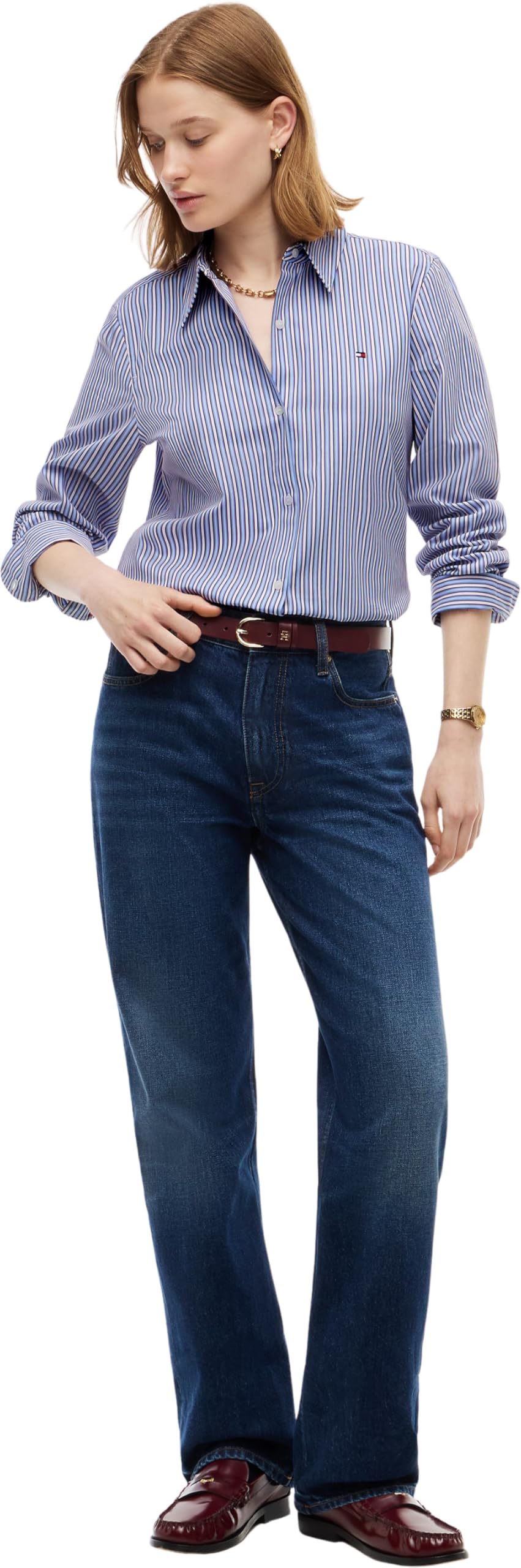 Tommy Hilfiger Women's, Summer Poplin Regular Shirt Ww0Ww51155, L/S Shirt, Blue Burgundy Multi Stripe, 52