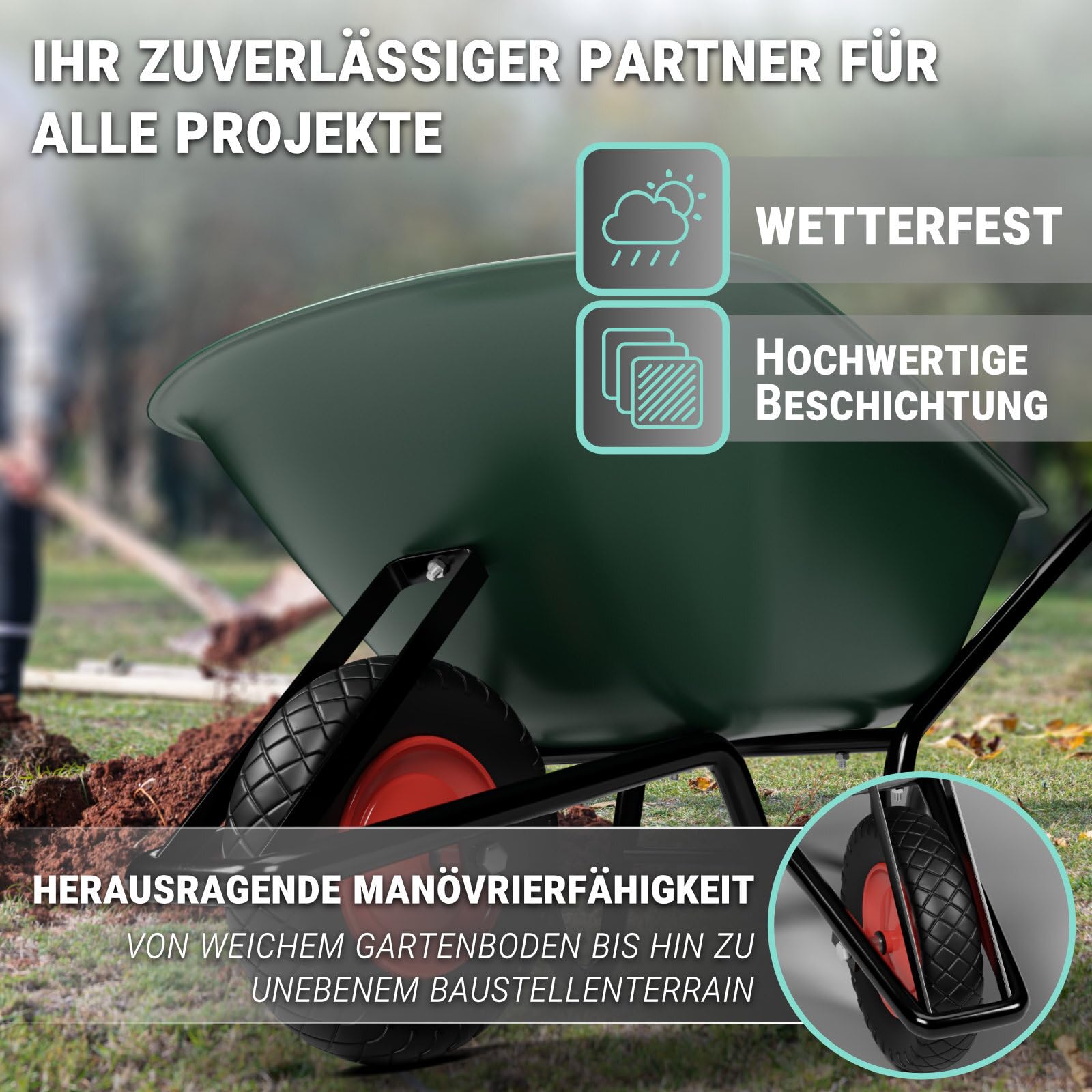 Schubkarre | Robustes Polypropylen | 150kg Tragkraft | 100L Volumen | Luftreifen | Grün | Ergonomischer Griff
