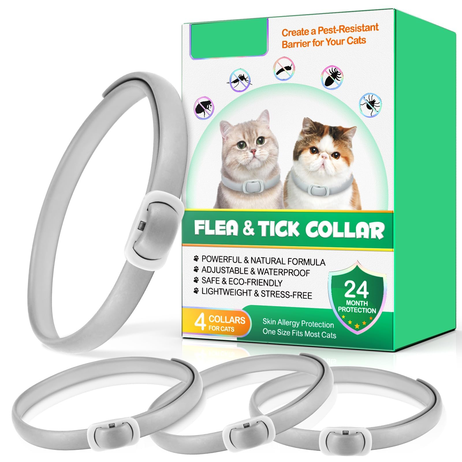 Collar for cats, 4 Packs Adjustable Pheromone Collars, para Gatos, Pack de 4 en Gris, Ajustable y Resistente al Agua para Gatos, Collar Protector Natural.
