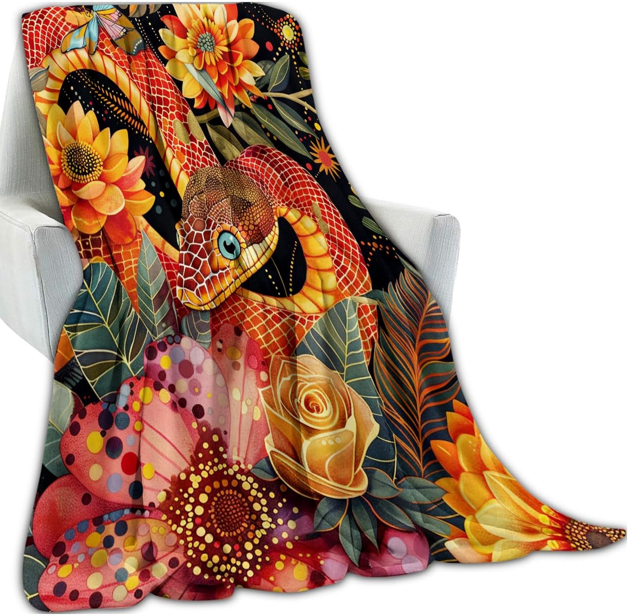 Snake Flowers Throw Blanket, Colorful Plant Floral Serpent Blankets for Bedroom Living Room Couch Decor, Fuzzy Cozy Soft Lightweight Throws, for Nature Art Lovers Women, 50x60 in - Image 2