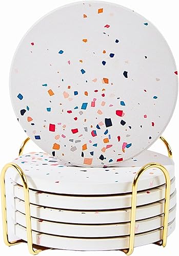 Juego de 6 posavasos absorbentes de terrazo con soporte, posavasos de cerámica para bebidas, decoración de mesa auxiliar, posavasos de piedra