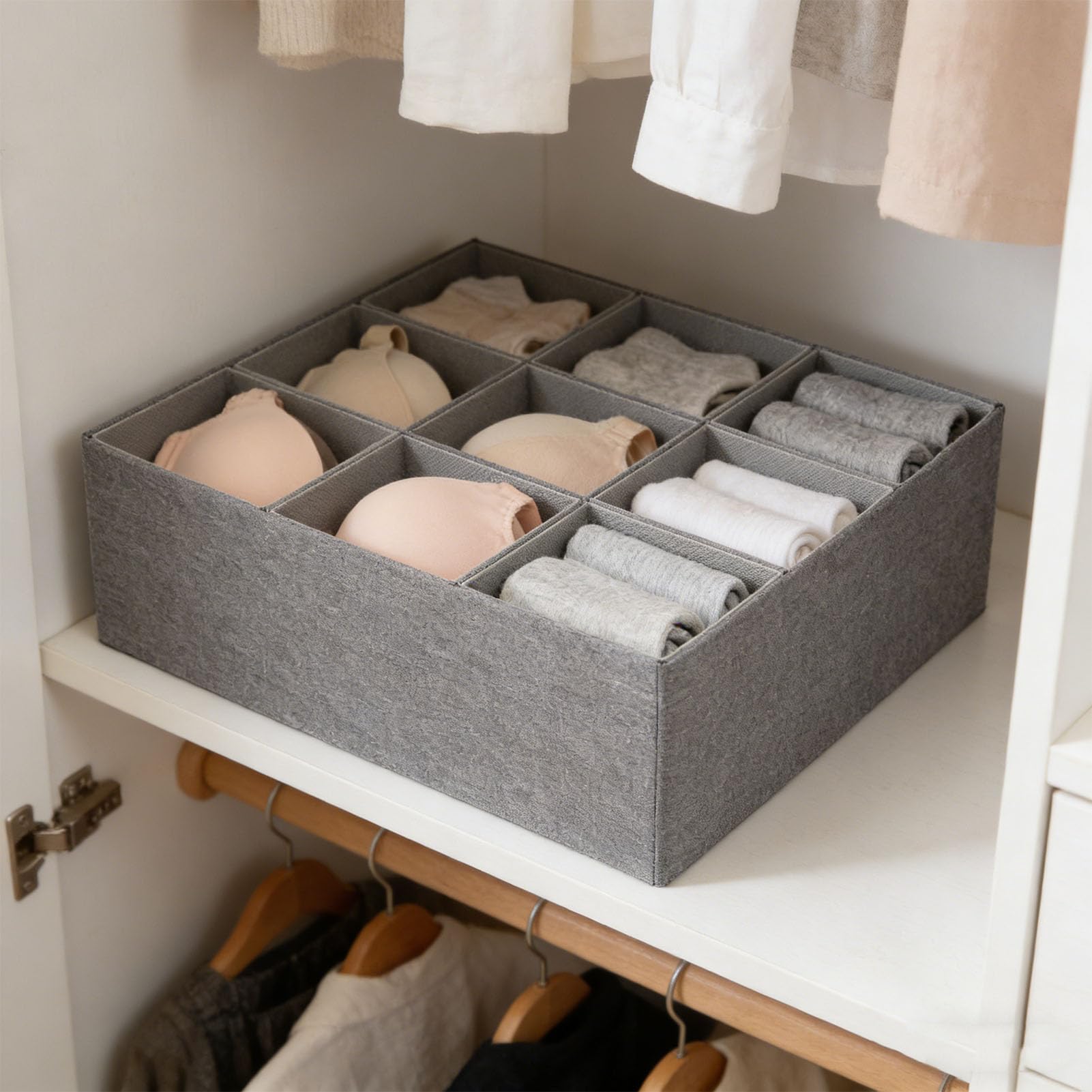 Denash Organizzatore per Cassetti, Scatola Portaoggetti per Armadio a 9 Scomparti per Biancheria Intima, Calzini, Cravatte, Cinture, Divisorio Pieghevole in Tessuto per Biancheria (GREY)