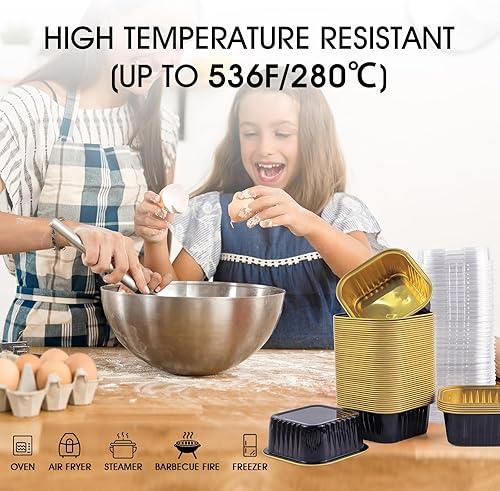 Miniatura 7 de Mini moldes para pasteles de 5 onzas con tapas, papel de aluminio, 50 juegos150 unidades, 150 unidades, tazas cuadradas de 5.1 fl oz, forros para