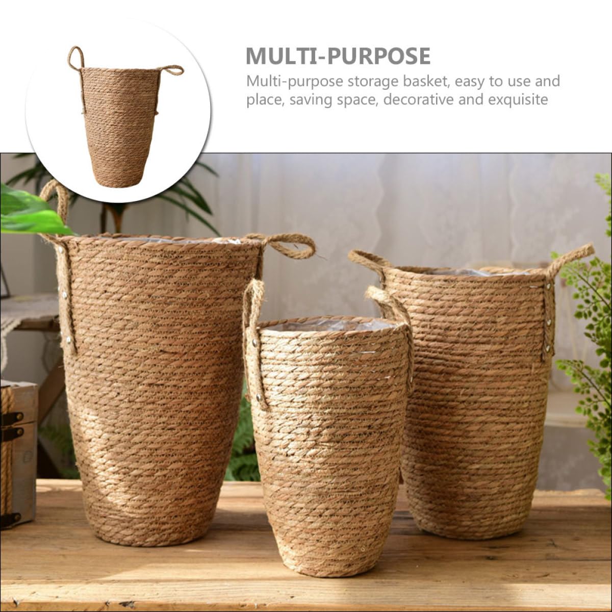 Panier Tressé en Paille, Grand Format, Élégant et Décoratif, pour Maison | Usage Polyvalent, Gain de Place, Structure Solide, pour Balcon Abrité et Intérieur, Style Rustique