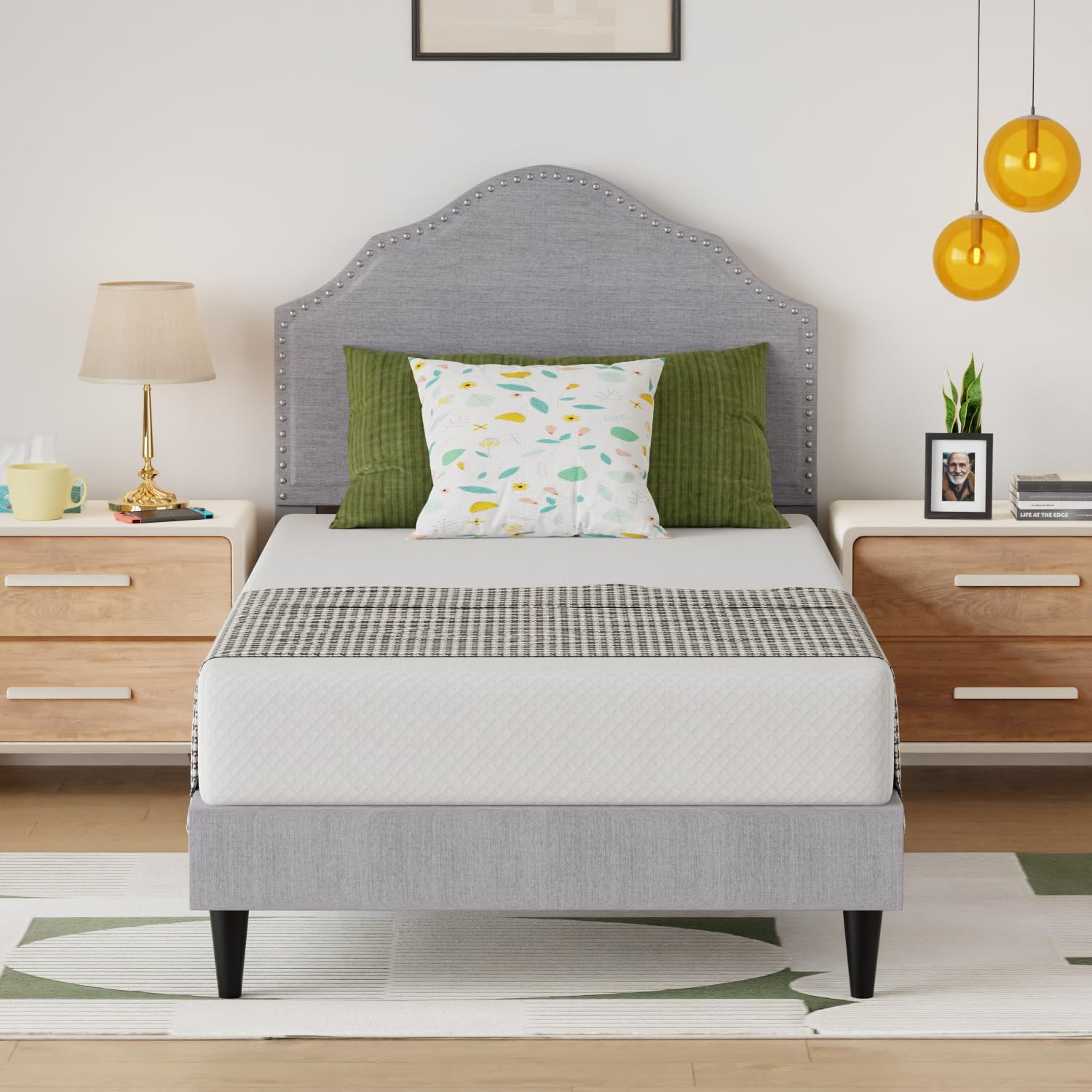 PayLessHere Upholstered Twin Platform Bed Frame Twin Mattress Foundation with Fabric Headboard and Wooden Slats Support, Fully Upholstered No Box Spring Needed Non-Slip and Noise-Free,Twin